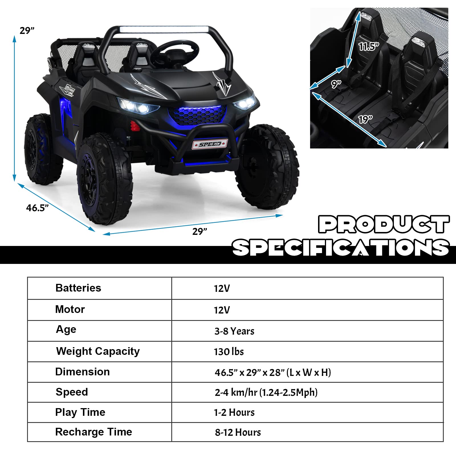 OLAKIDS 12V Kids Electric Ride On Car - 2 Seater UTV with Parent Remote Control, Spring Suspension & Bluetooth Music | Battery Powered Toy Vehicle for Boys & Girls Ages 3-8 | Perfect for Outdoor Play, Birthday Gifts & Backyard Fun (Jet Black)