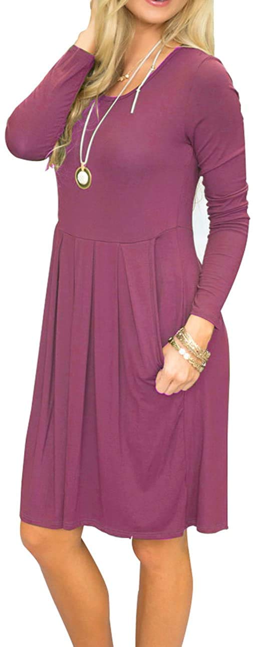 AUSELILY Women's Long Sleeve Pleated Swing Dress with Pockets - Knee Length Casual Loose Dress for Work, Date & Fall 2025 Fashion | Office Wear, Weekend Outfits & Special Occasions