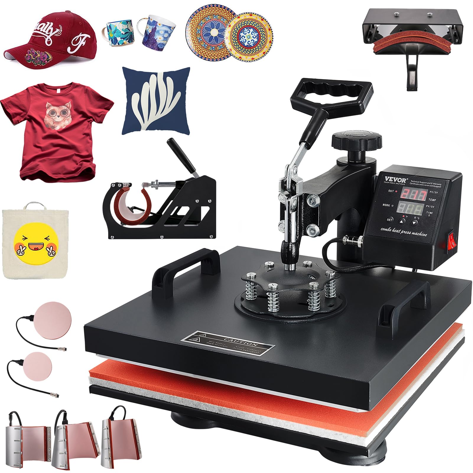 VEVOR 15x15 Inch 8-in-1 Digital Heat Press Machine with 360° Swing Away - Multifunction T-Shirt, Mug, Hat & Plate Sublimation Transfer Press for DIY Crafts, Custom Apparel & Small Business Use