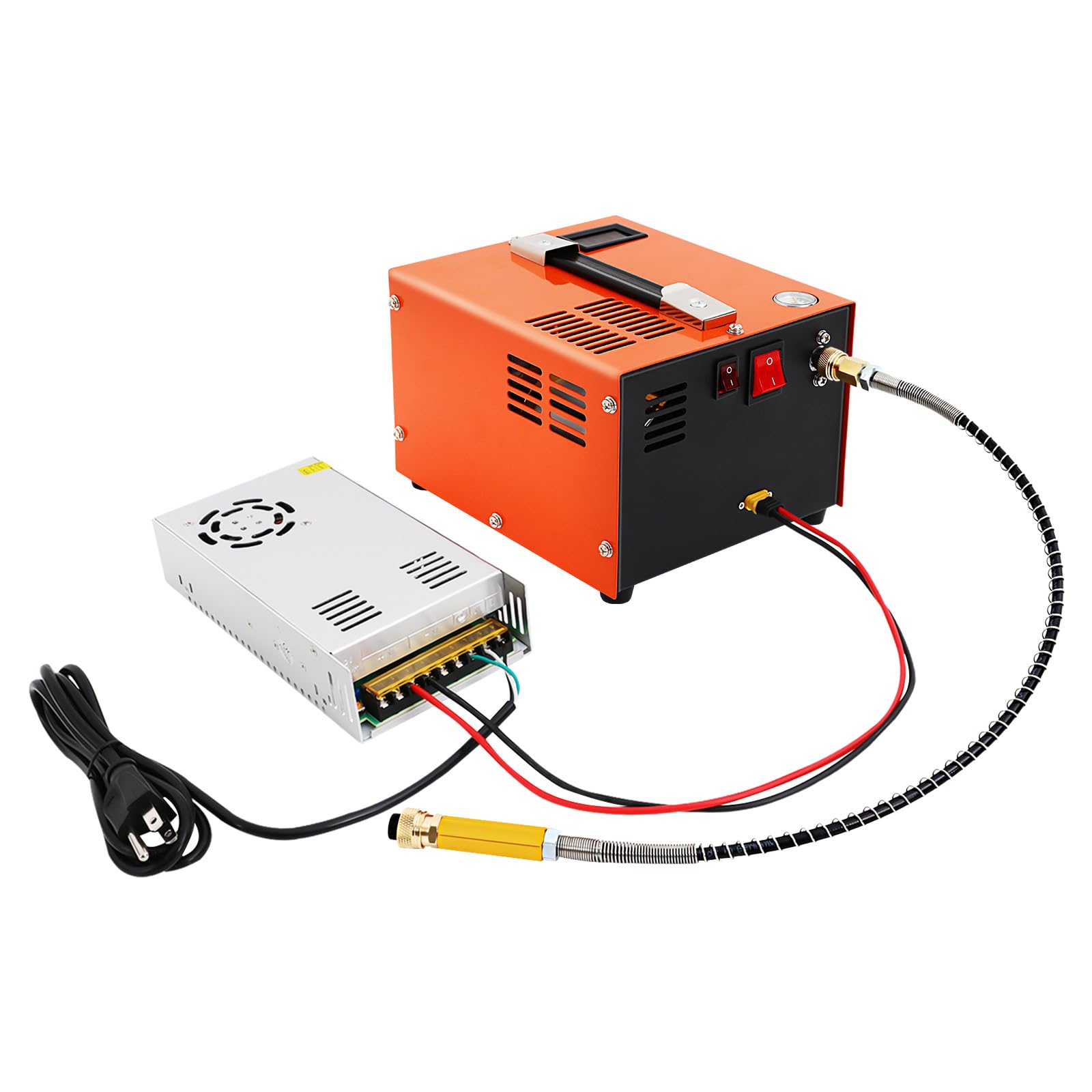 LOYALHEARTDY 4500PSI PCP Air Compressor - 350W High Pressure Portable Air Pump with Built-in Cooling Fan & Auto Shutoff - Lightweight Orange Paintball Rifle Inflator for PCP Airguns, Scuba Tanks, and Airsoft Equipment - Perfect for Outdoor Shooting, Hunting, and Paintball Games