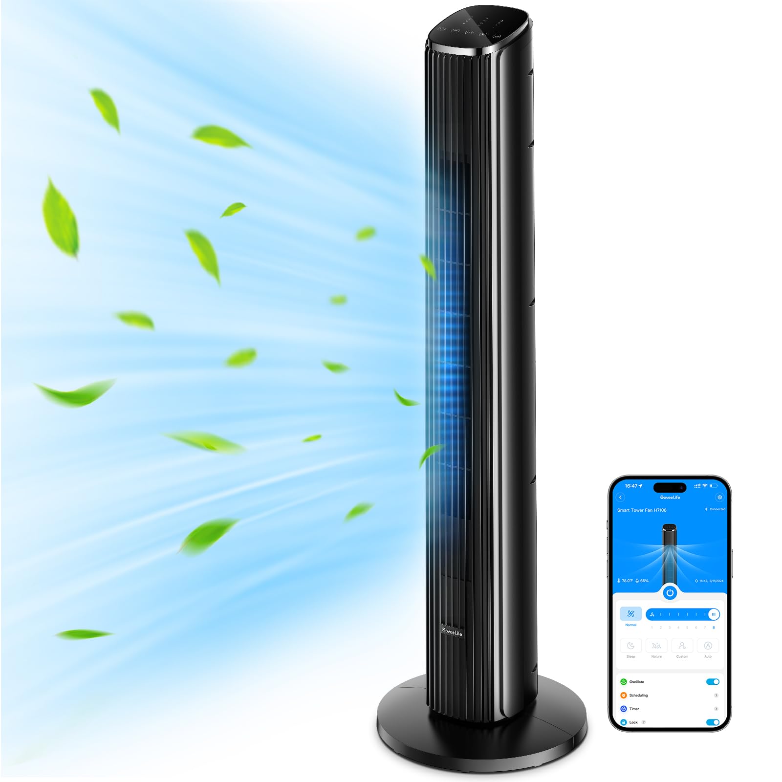 GoveeLife 36 Inch Smart Tower Fan with Temperature Sensor - WiFi App & Voice Control, 5 Modes 8 Speeds Oscillating Floor Fan for Bedroom, Home Office - Ultra Quiet 29dB, 24H Timer, Powerful 25ft/s Airflow - Perfect for Summer Cooling & Indoor Air Circulation