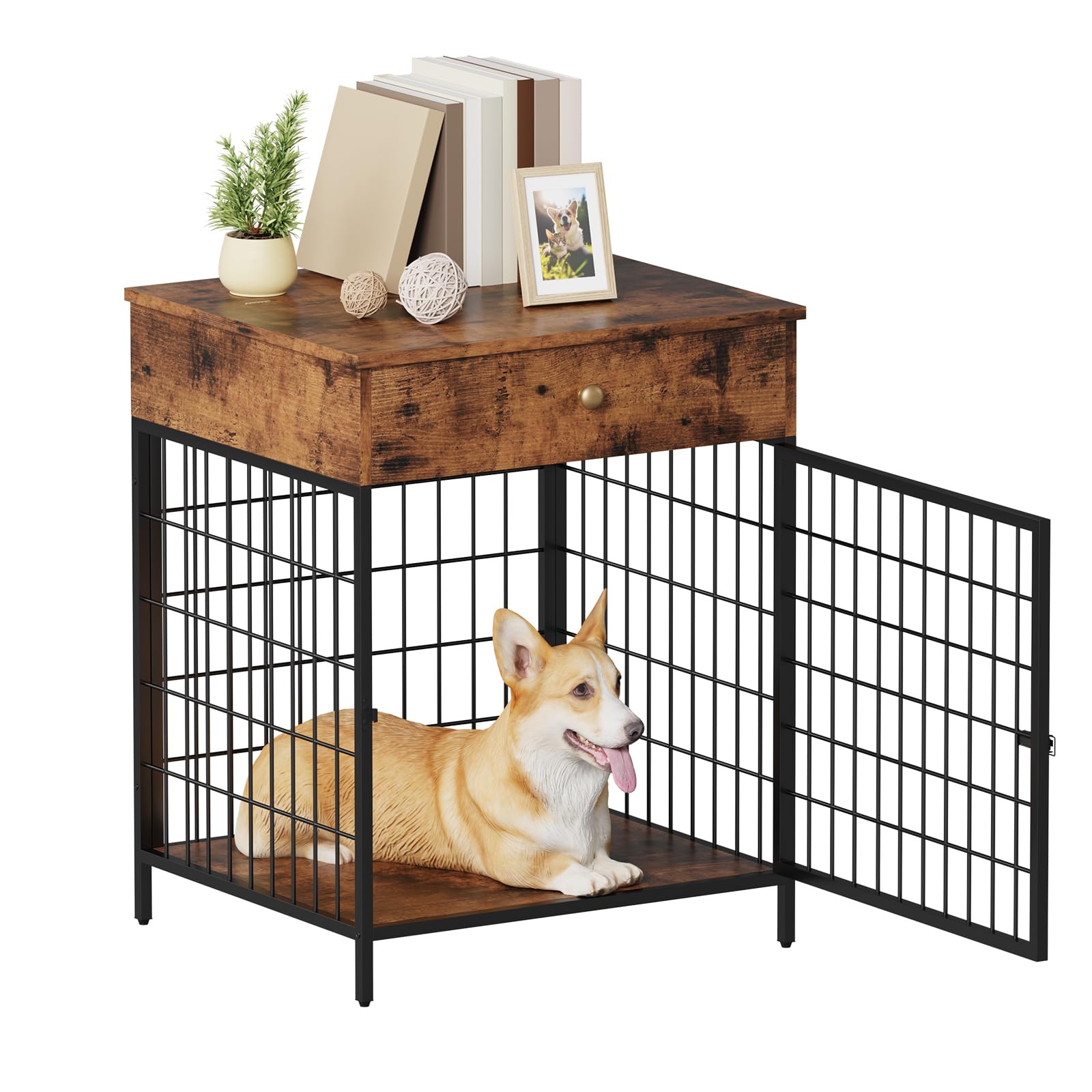 Rustic Brown Decorative Dog Kennel with Storage Drawer - Indoor Pet Crate End Table for Small Dogs | Steel-Tube Chew-Proof Dog Cage | Perfect for Living Room, Bedroom & Home Office Decor