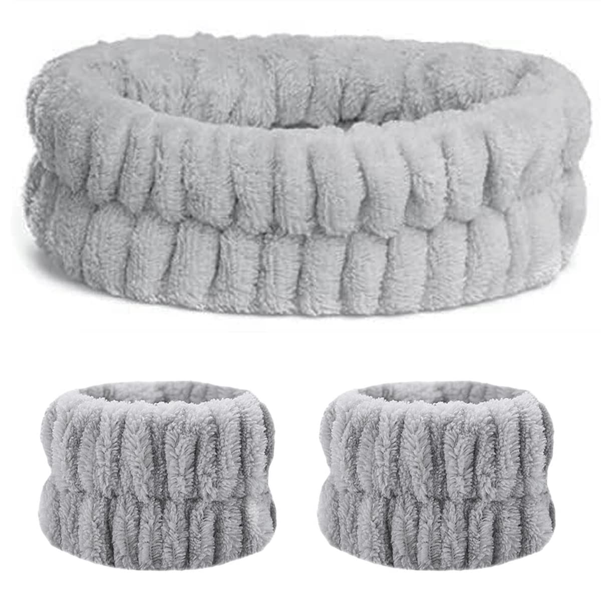 3 Pack Soft Grey Spa Headband & Wrist Washband Set - Elastic Skincare Headbands for Women, Makeup Hair Bands for Girls, Yoga & Shower Use - Fluffy Facial Headbands for Spa, Gym, and Daily Skincare Routine