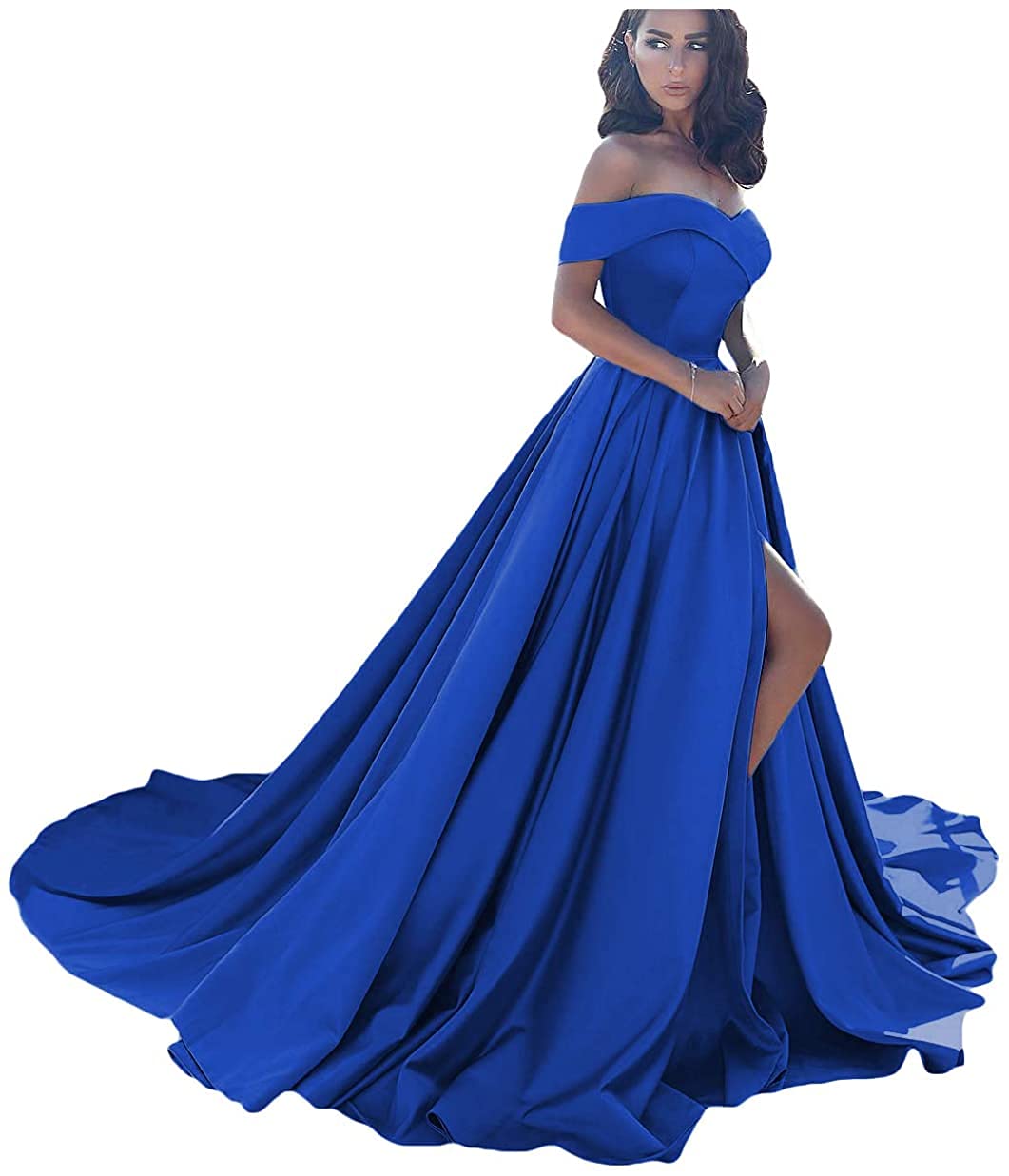 Elegant Off-the-Shoulder Satin Ball Gown Prom Dress for Women - Long Split Formal Evening Gown for Homecoming, Wedding Guest, and Special Occasions