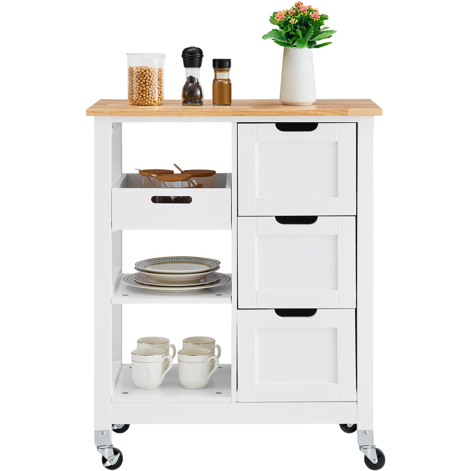 VEVOR White 26-inch Rolling Kitchen Island Cart with 3 Drawers & Shelves, Wood Top Mobile Breakfast Bar - Perfect for Dining, Kitchen, Living Room & Farmhouse Style Homes | Space-Saving Storage Solution for Small Kitchens & Entertaining Guests