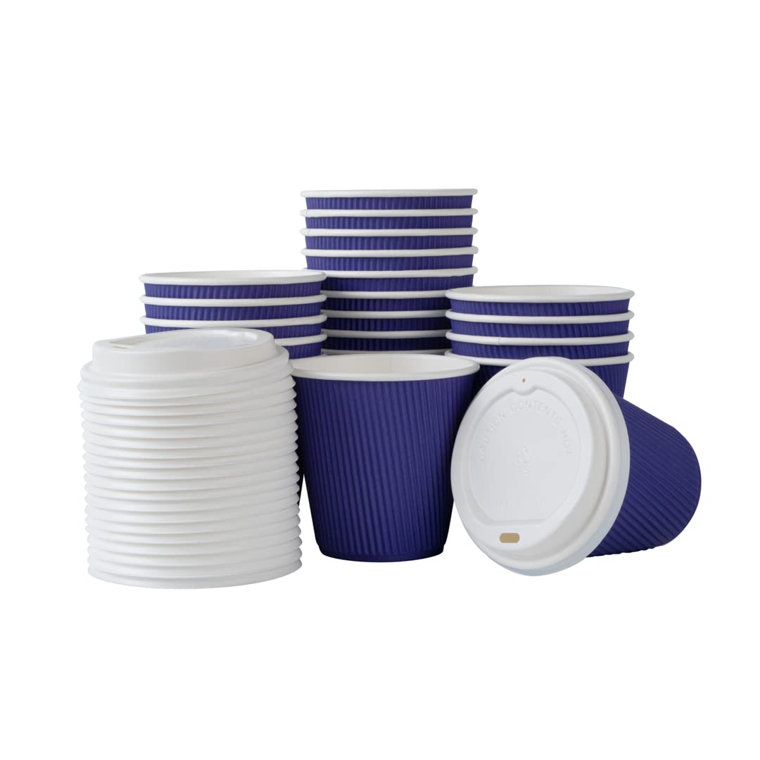 Restaurantware 8oz Insulated Coffee Cups with Lids - 400 Pack Leakproof Ripple Wall Hot Cups, Non-Slip Royal Purple Disposable Paper Cups for Coffee, Tea, Hot Cocoa & Lattes - Perfect for Cafes, Offices & Catering Events