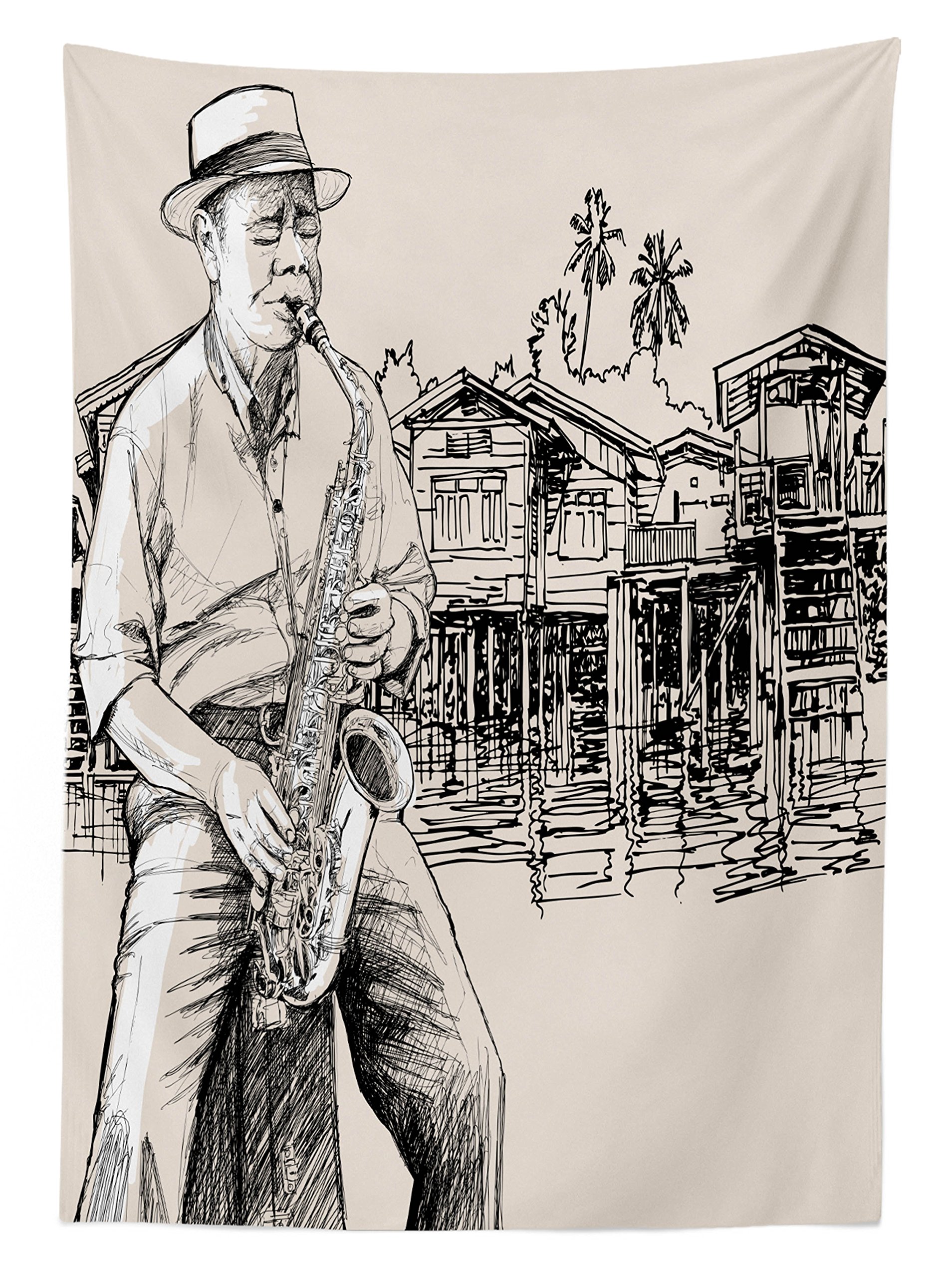 Ambesonne Jazz Music Themed Outdoor Tablecloth - Waterproof Washable Picnic Table Cover 58