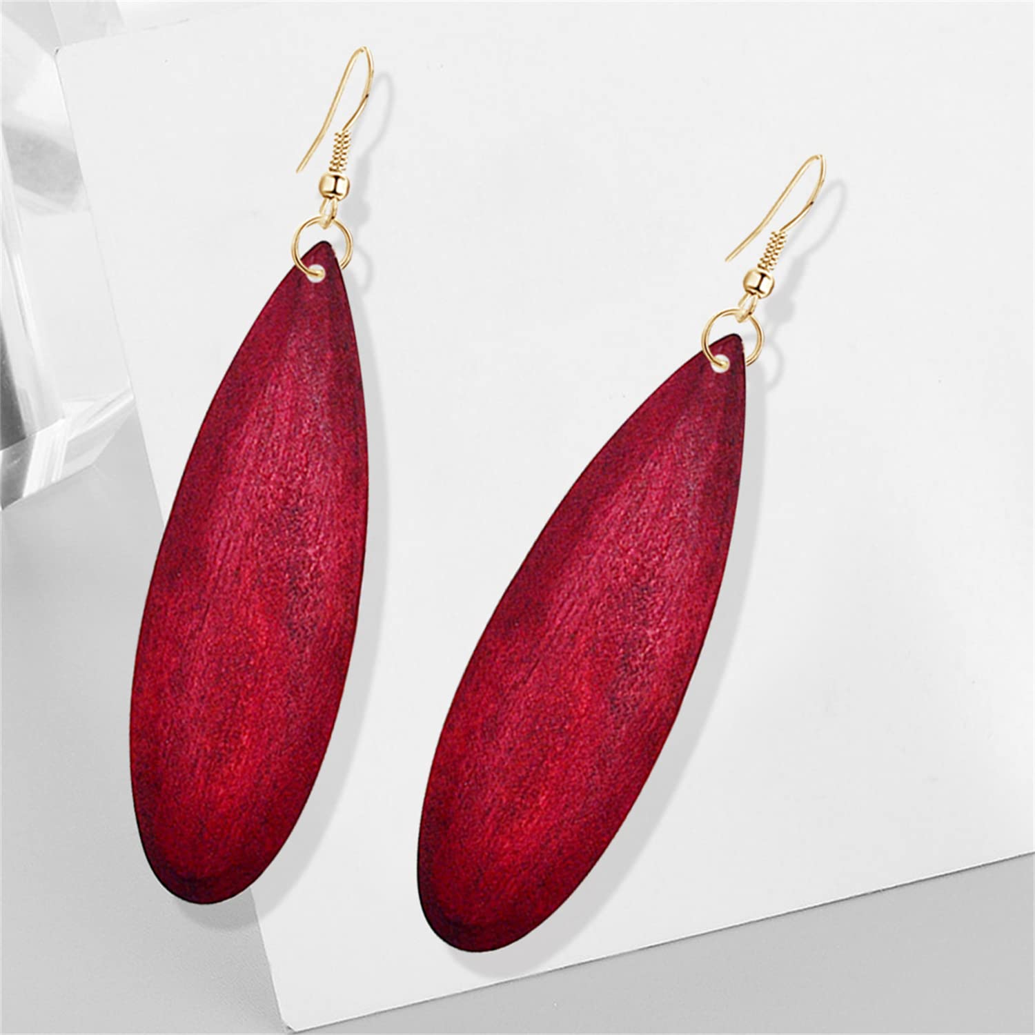 Bohemian Retro Black Brown Natural Wooden African Teardrop Dangle Drop Earrings - Lightweight Handmade Vintage Wood Geometric Earrings for Women (Red) | Perfect for Festivals, Boho Outfits & Casual Wear