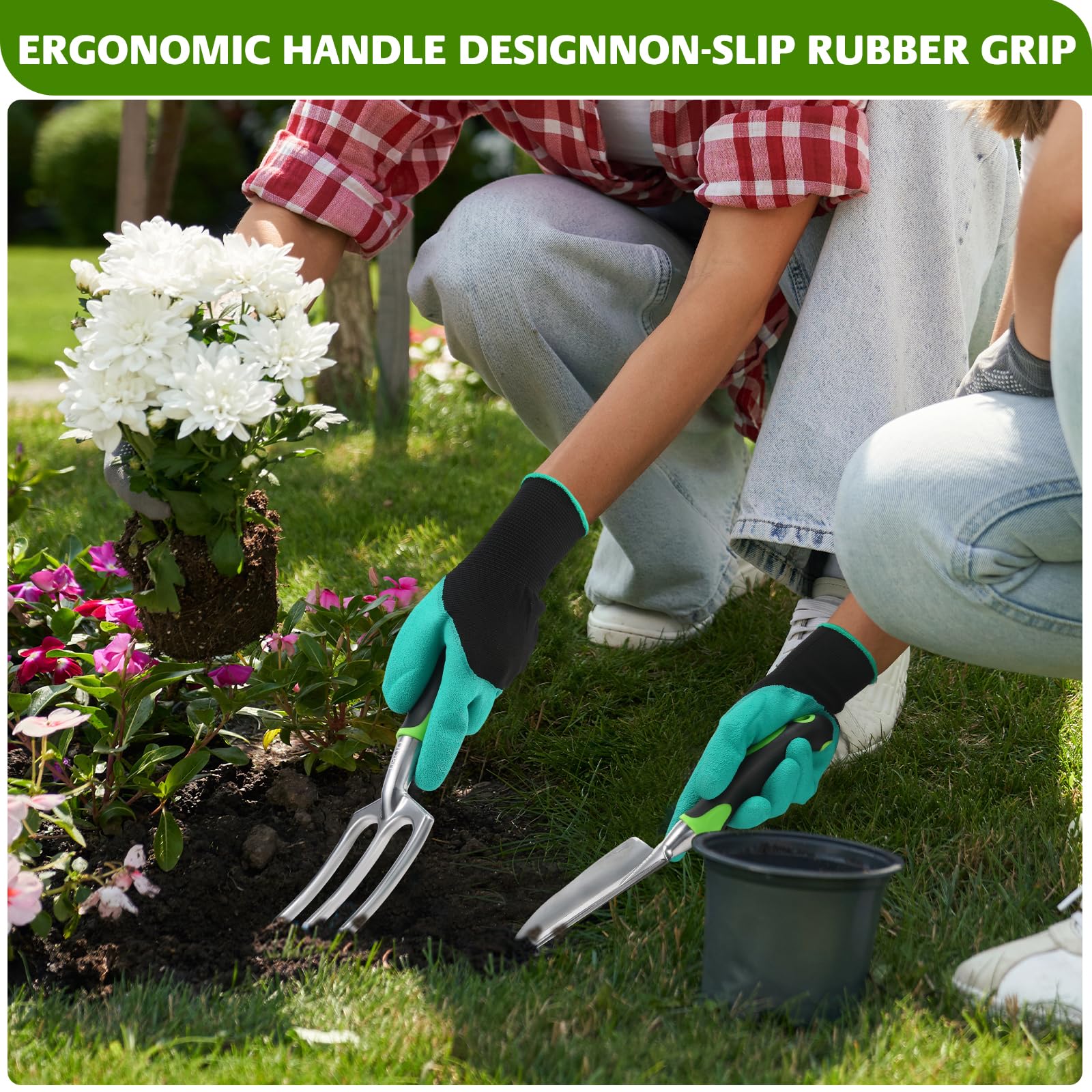 8-Piece Garden Tool Set with Non-Slip Ergonomic Handles - Lightweight Rust-Proof Aluminum Alloy Gardening Tools for Women & Men - Perfect for Planting, Weeding, and Landscaping in Backyards & Flower Beds