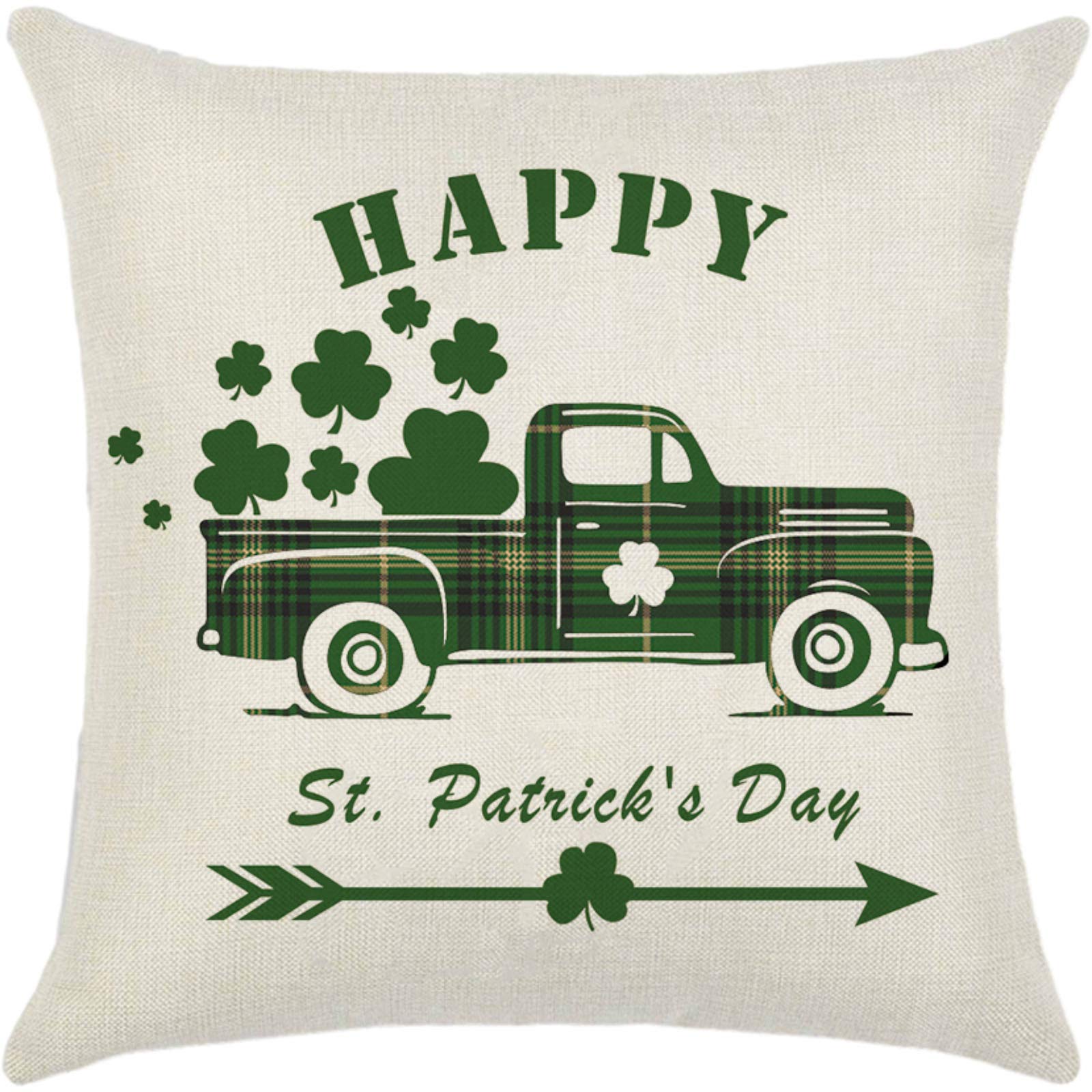 Shamrock Linen Pillow Cover 18x18 Inch - St. Patrick's Day Decor, Irish Green Clover & Hat Design - Lucky Home Office Sofa Couch Car Decoration - Perfect for Festivals, Parties & Gifts