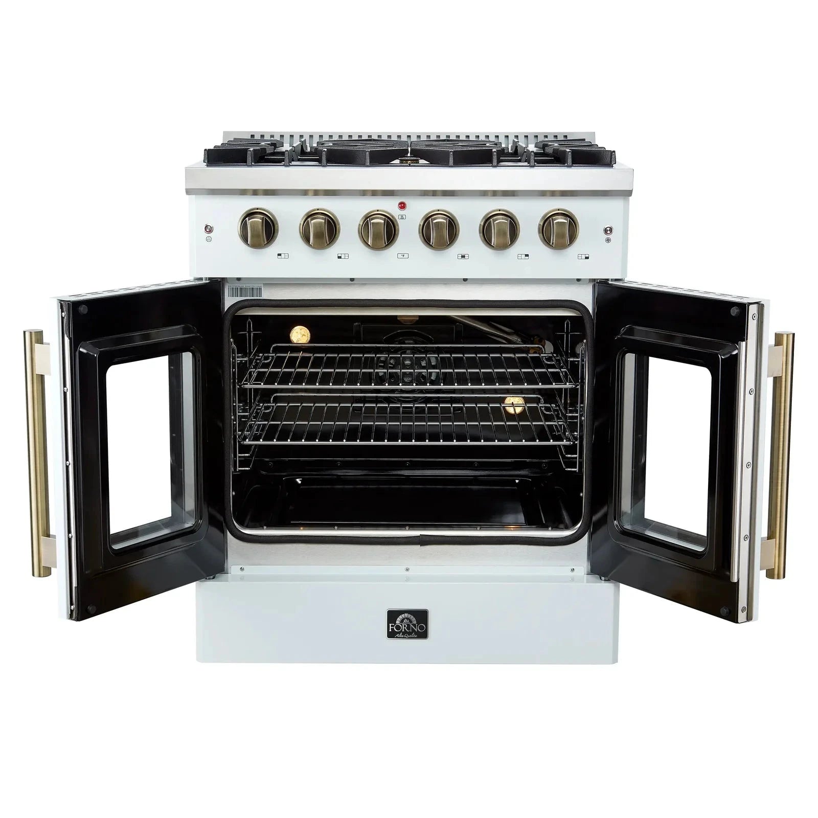 Forno Galiano 30-Inch Freestanding All Gas Range with French Doors - White Finish & Antique Brass Trim (Model FFSGS6444 30WHT) | Perfect for Modern Kitchens, Home Chefs & Gourmet Cooking