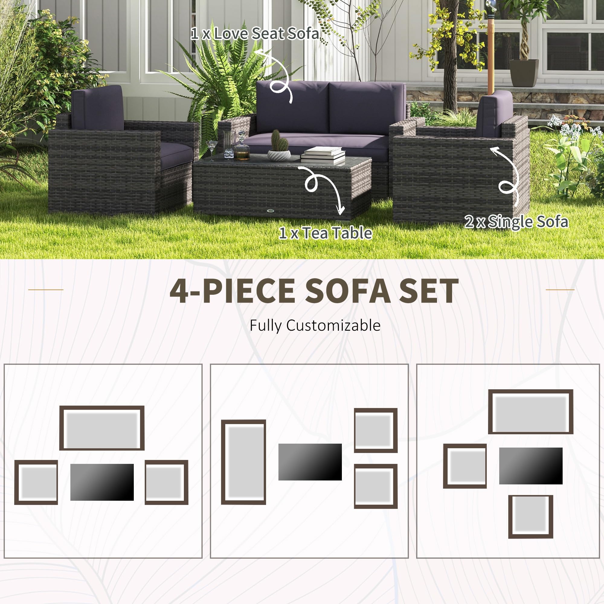 Outsunny 4-Piece Gray Wicker Patio Furniture Set with Cushions - Outdoor Sectional Sofa Set with 2 Sofas, Loveseat & Glass Top Coffee Table - Perfect for Garden, Backyard, and Poolside Relaxation
