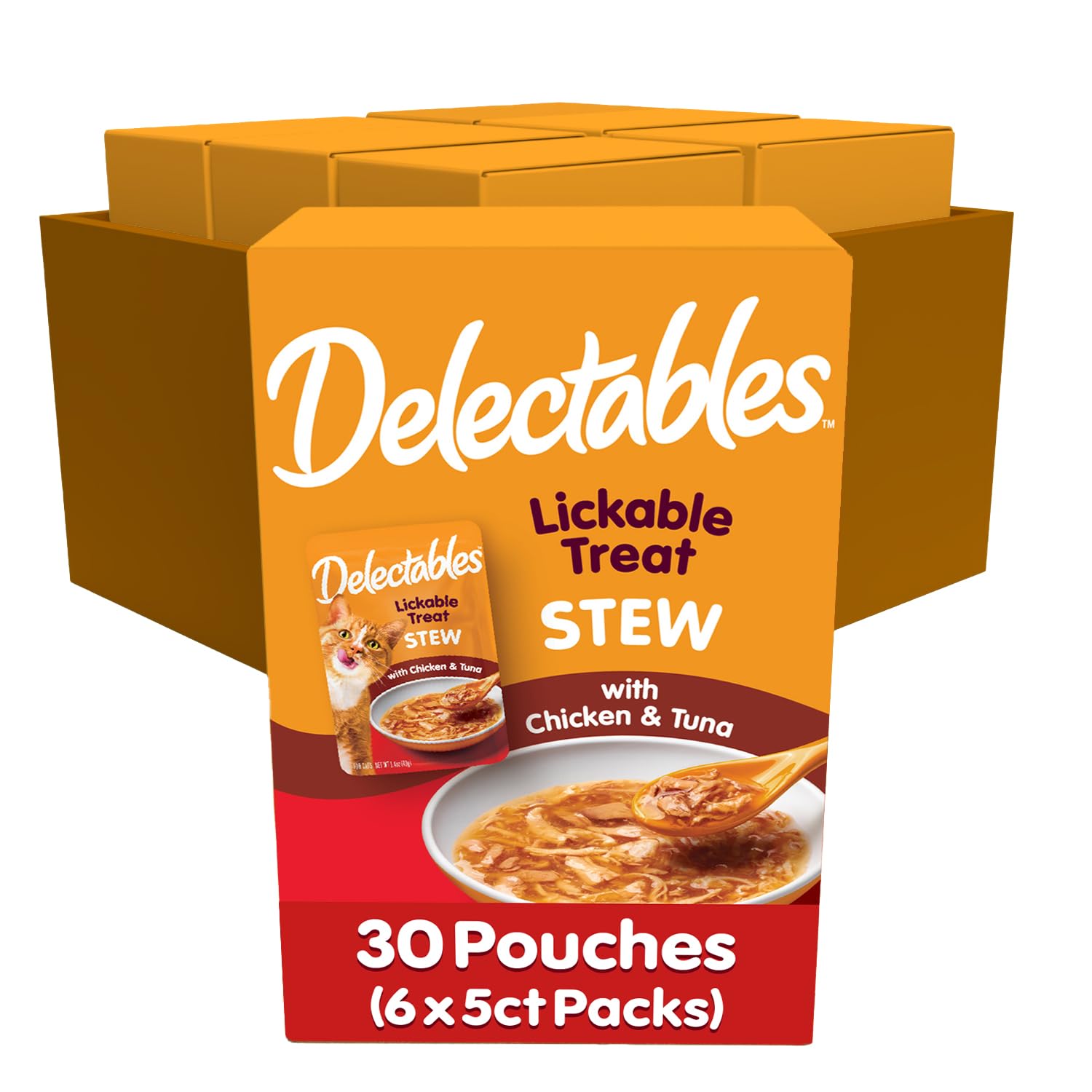 Hartz Delectables Stew Chicken & Tuna Lickable Wet Cat Treats - 30 Pouches (5 Count Pack of 6) - Grain-Free Soft Cat Food Topper for Picky Eaters - Perfect for Training, Bonding & Senior Cats