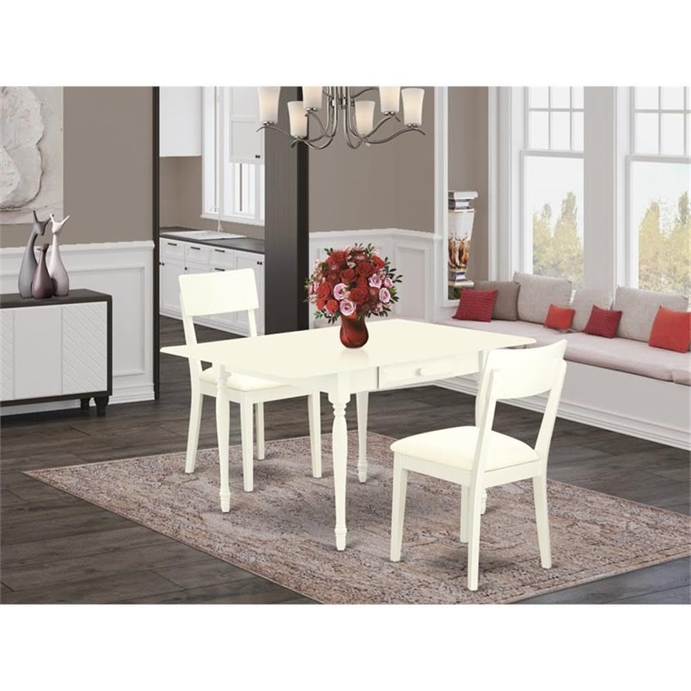 East West Furniture MZAD3-LWH-LC 3-Piece Small Space Kitchen Table Set with Drop-Leaf Dining Table & 2 Faux Leather Chairs, 36x54 Inches, Linen White - Perfect for Apartments, Breakfast Nooks and Cozy Dining Areas