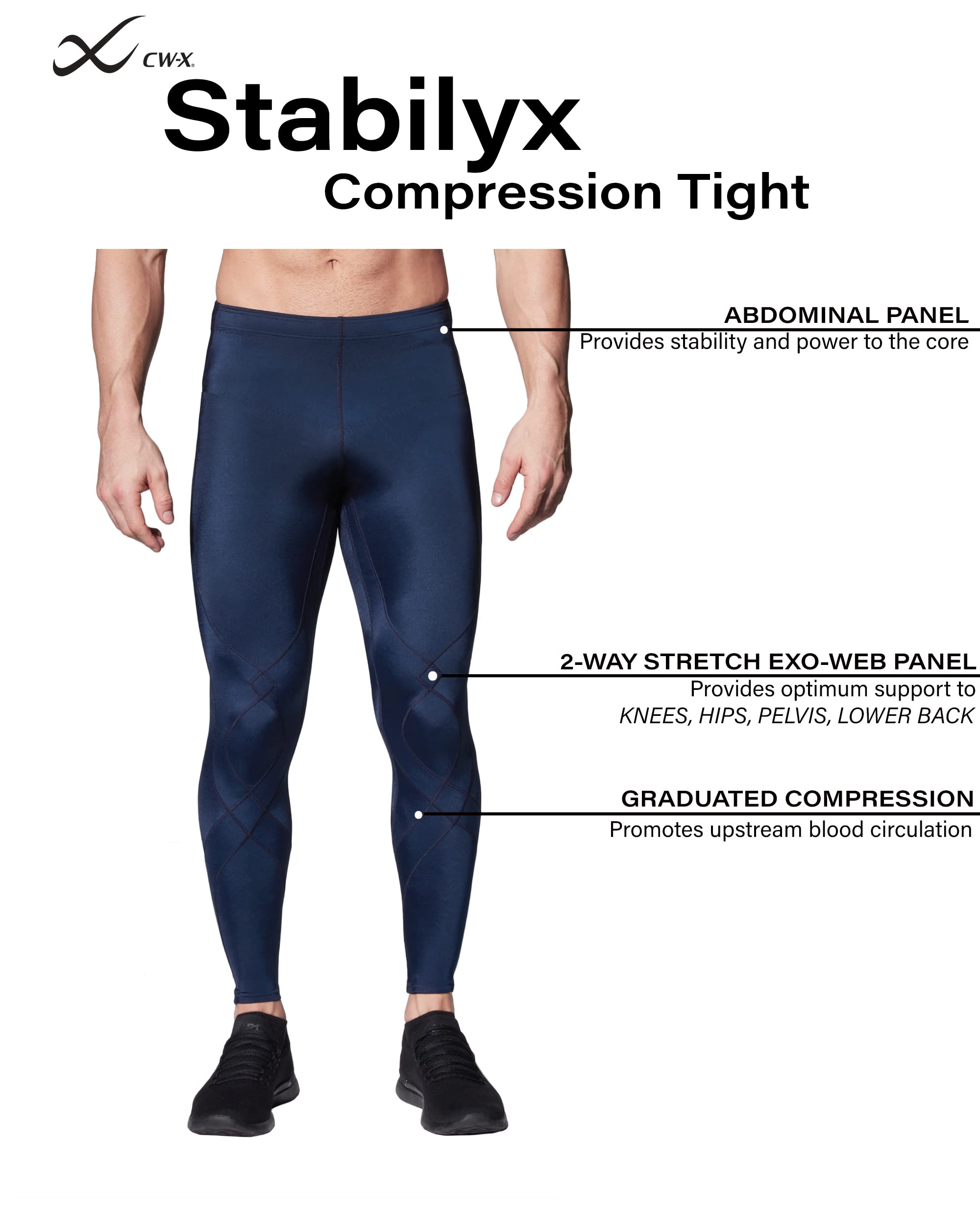 CW-X Men's Stabilyx Joint Support Compression Tights - Running & Recovery Pants for Athletes with Knee Pain - Ideal for Marathon Training, Gym Workouts & Post-Exercise Muscle Recovery