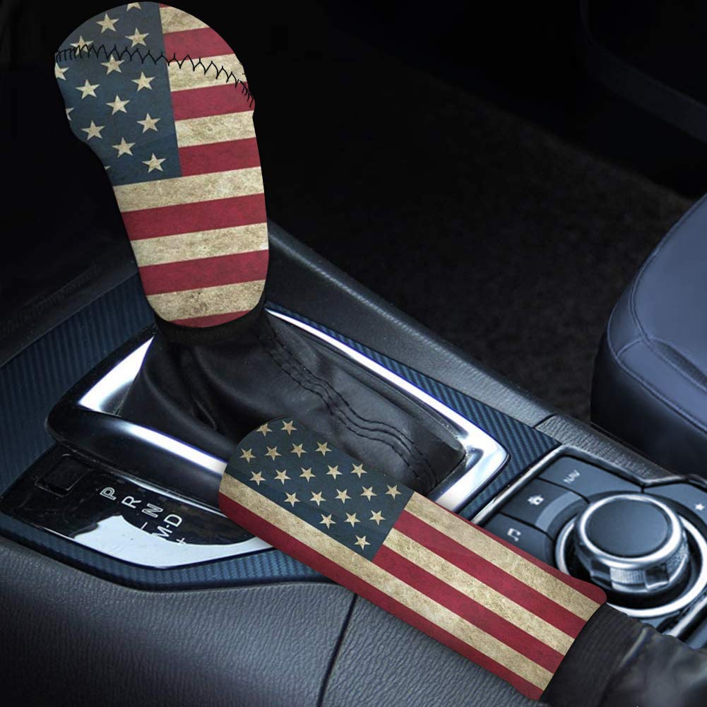 Vintage American Flag Print Universal 2-Piece Car Handbrake Cover & Gear Shift Cover - Sweat Absorption Interior Accessories for Cars, Trucks & SUVs - Perfect for Road Trips & Patriotic Decor