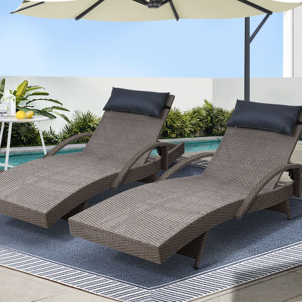 Gardeon 2-Piece Outdoor Wicker Sun Lounge Set - Rattan Daybed for Patio, Garden, Poolside - Grey (Perfect for Relaxing & Sunbathing)