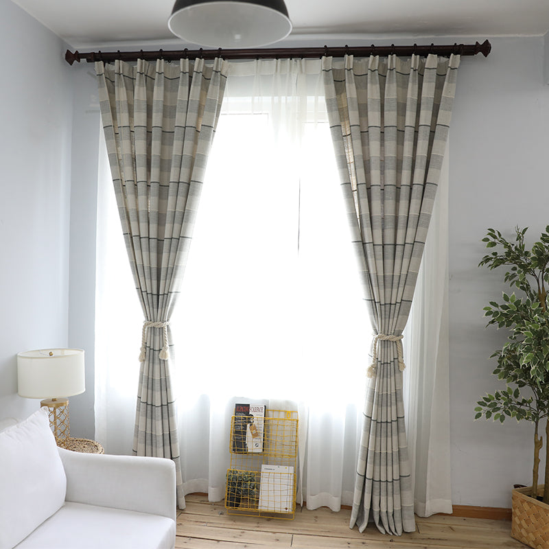 Remy Grey Stripe Gingham Blackout Curtains - Custom Size Room Darkening Window Treatment for Bedroom, Living Room & Nursery