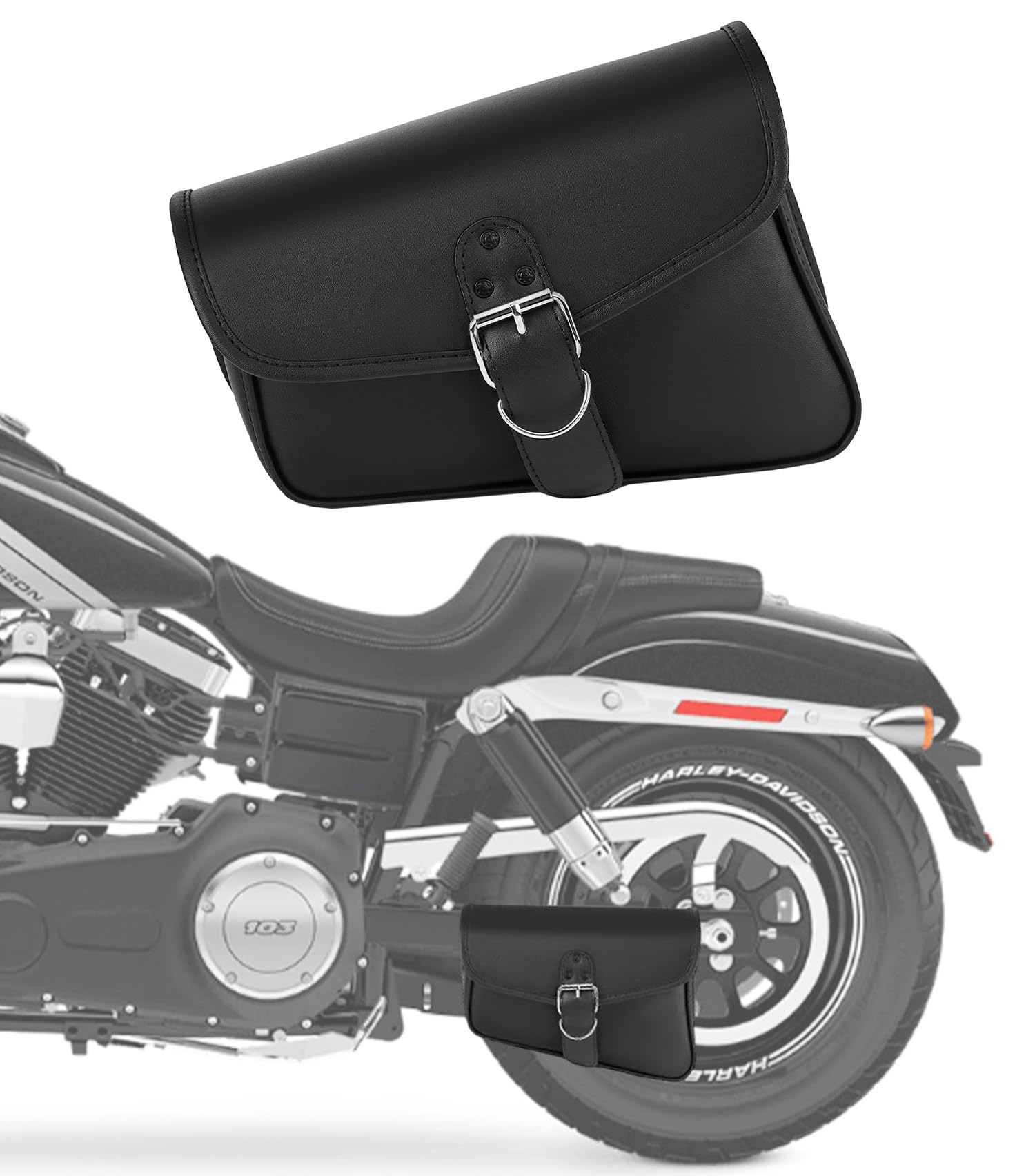 Universal Motorcycle Swing Arm Bag - Black Synthetic Leather Waterproof Left Side Solo Tool Bag with Quick Release | Durable & Weatherproof for Cruiser, Touring & Adventure Bikes | Ideal for Road Trips, Commuting & Off-Road Riding