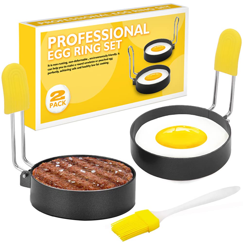 2.9 Inch Nonstick Egg Rings Set of 2 with Silicone Handle - Perfect Round Egg Mold for Frying Eggs, English Muffins, Breakfast Sandwiches - Ideal for Home Kitchen, Camping & Restaurant Cooking