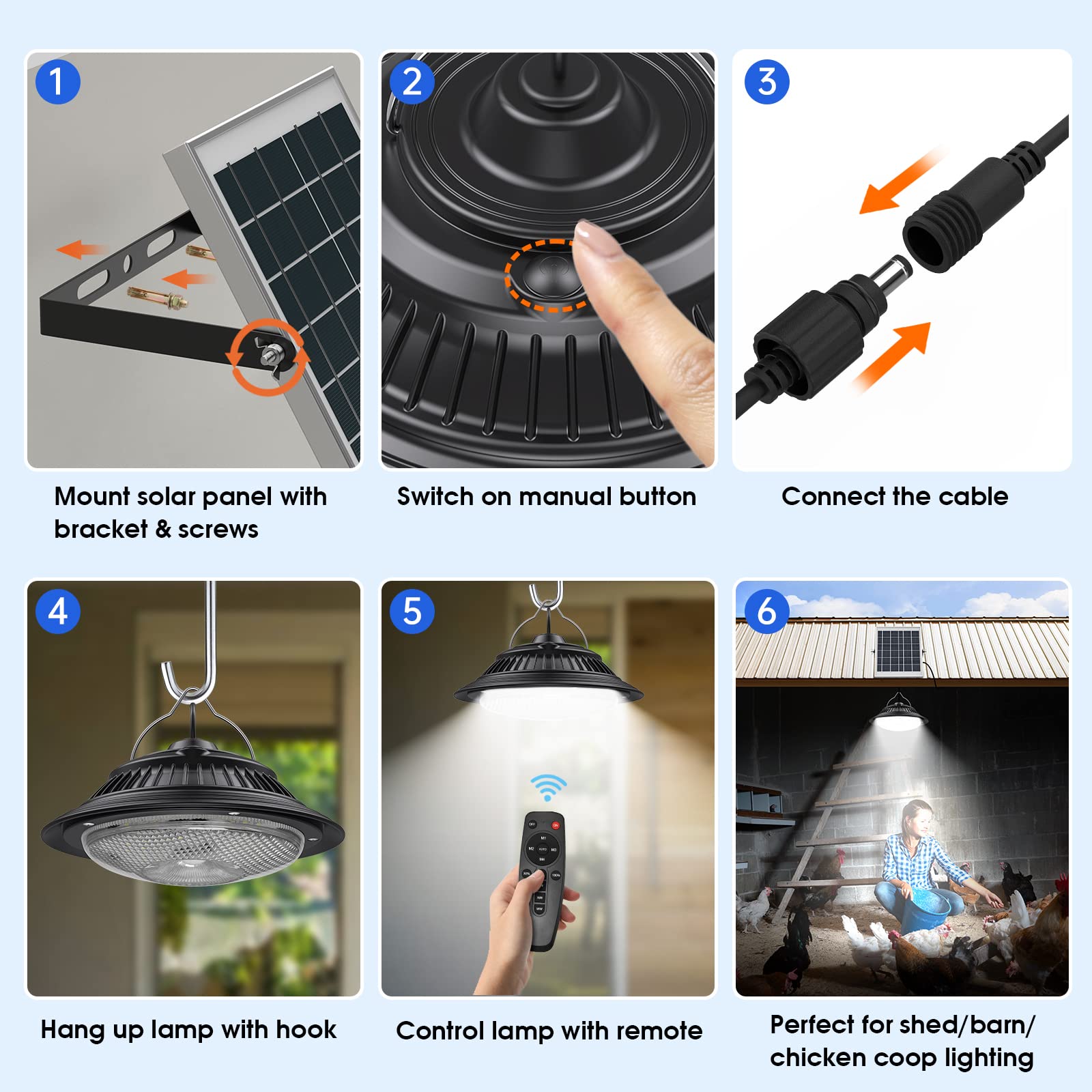 Solar Pendant Lights with Motion Sensor - 5 Modes Dimmable (6000K/4000K/3200K) - Waterproof Indoor/Outdoor Hanging Chandelier with Remote Control - Perfect for Barn, Chicken Coop, Patio, Garden & Backyard Lighting