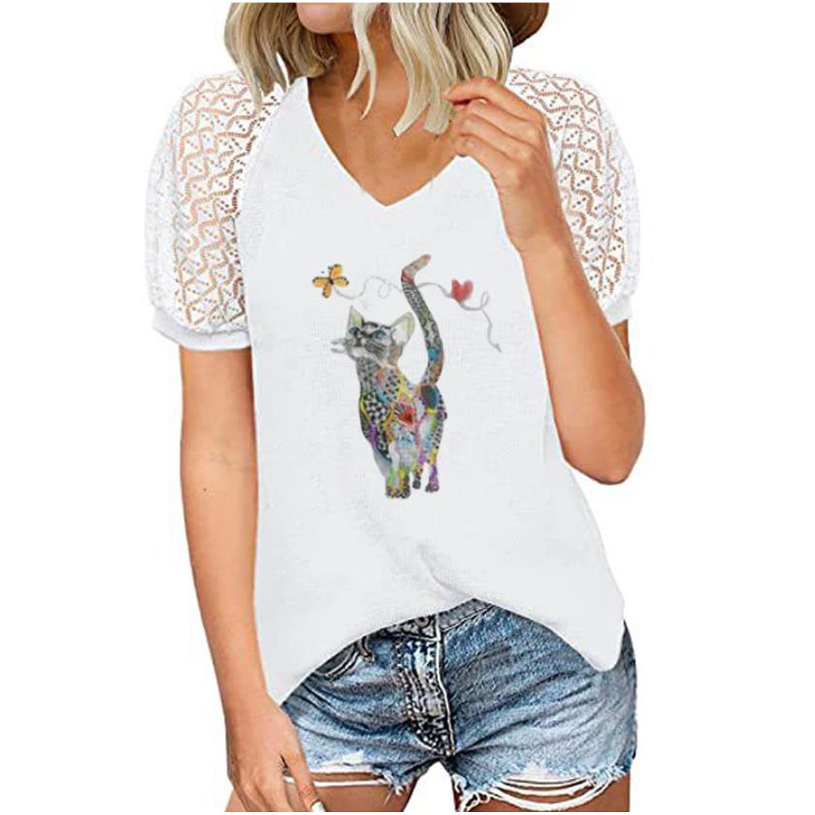Women's V-Neck Hollow Out Short Sleeve T-Shirt - Casual Cat Print Patchwork Blouse for Women | Summer Fashion, Streetwear, Office Casual Outfits