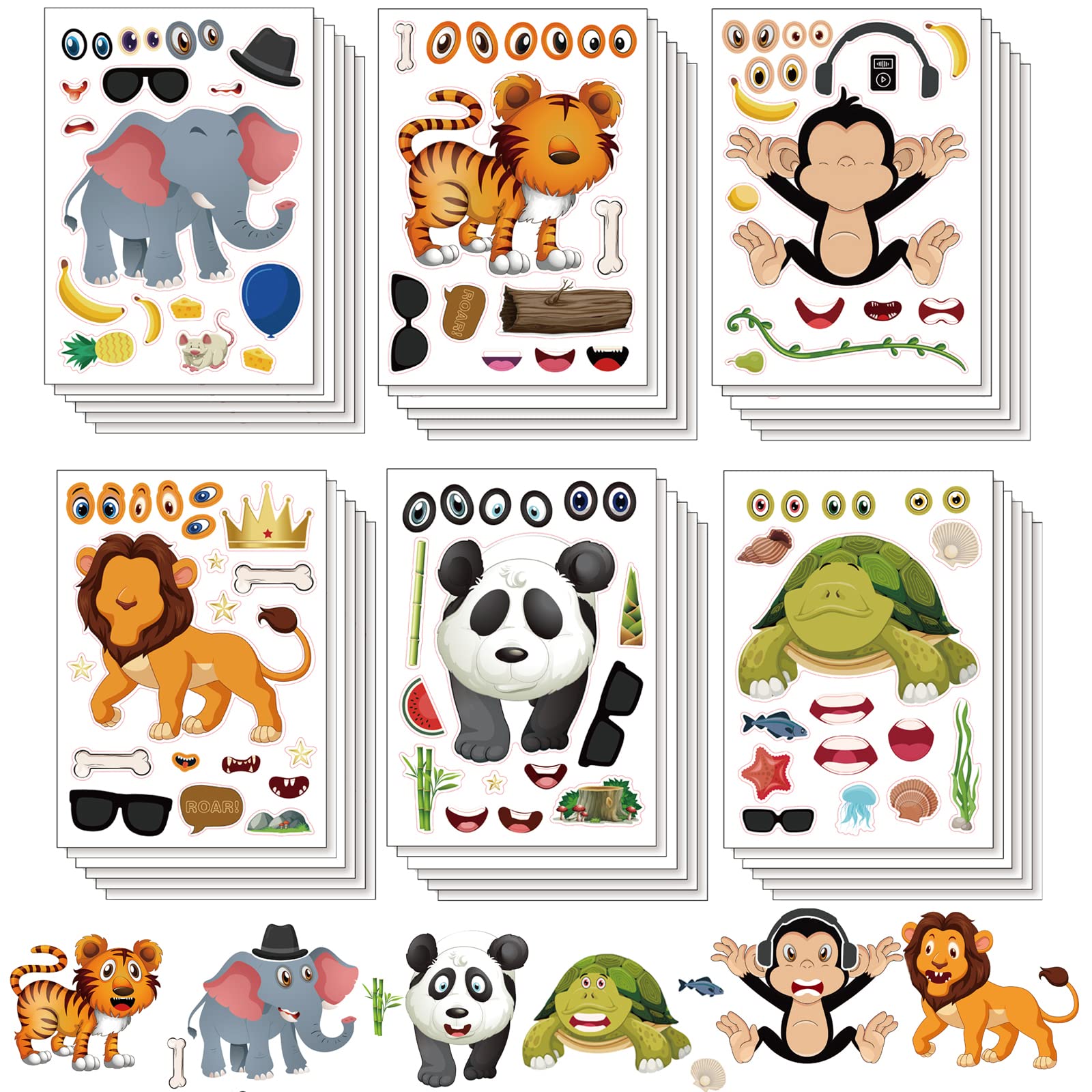 36PCS Make-a-Face Animal Stickers for Kids - Mix & Match Elephant, Lion, Tiger, Monkey, Panda, Turtle - DIY Funny Sticker Sheets for Party Favors, Crafts, Scrapbooking & School Projects