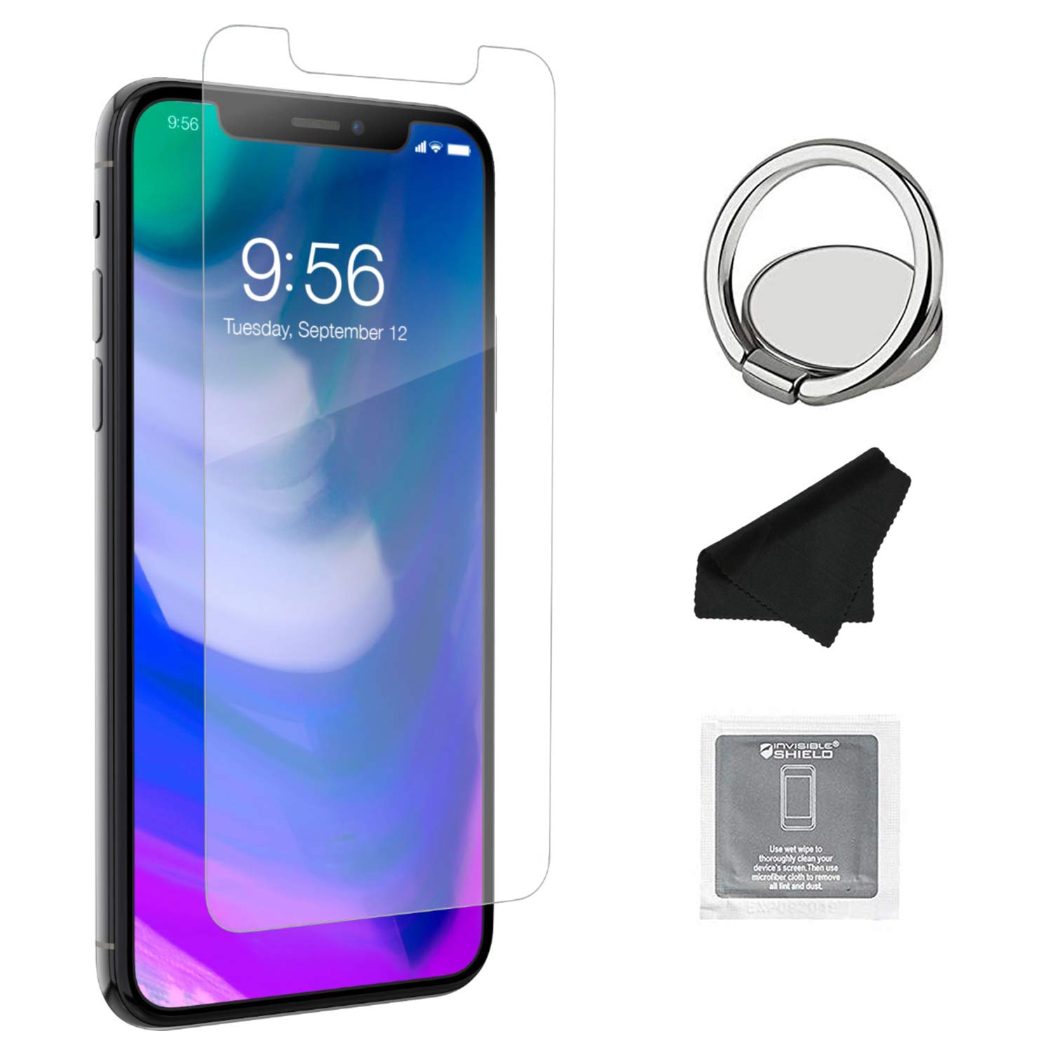 ZAGG InvisibleShield Glass+ Screen Protector for iPhone XS/X – HD Tempered Glass with Impact & Scratch Protection, Easy Application Kit & Phone Ring Holder Kickstand Bundle – Perfect for Daily Use, Travel, and Work