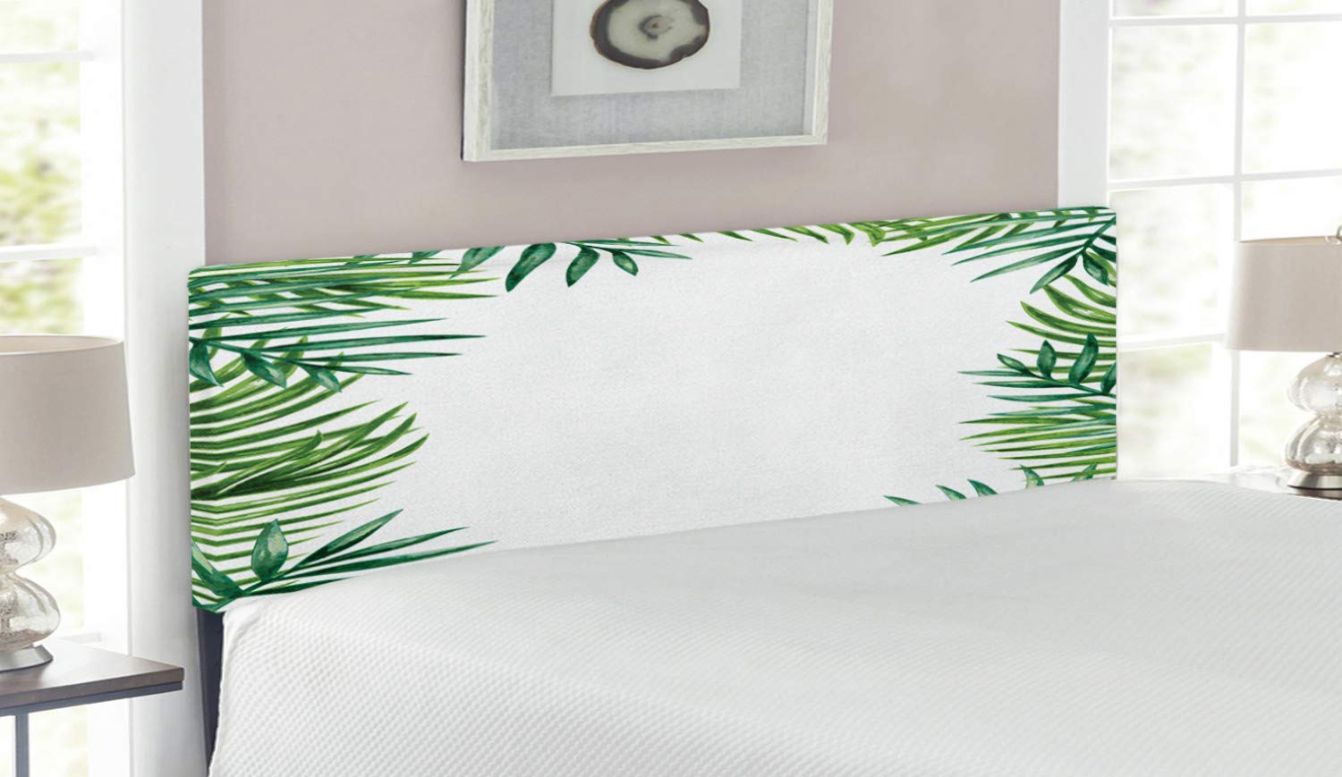 Ambesonne Queen Size Upholstered Headboard with Memory Foam - Green Leaf Botanical Artwork in Jade & Lime Green - Metal Frame Bed Headboard for Bedroom Decor | Perfect for Nature-Inspired, Forest-Themed, or Botanical Bedroom Designs