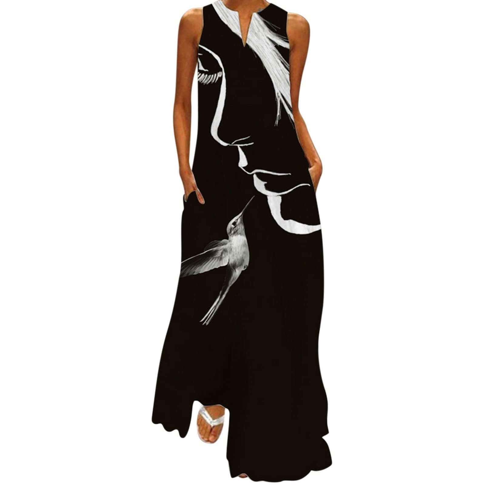 Sexy Summer Casual Midi Dress for Women - Flattering V-Neck Sleeveless Digital Print Soft Fabric Dress | Perfect for Beach Vacations, Date Nights & Summer Parties