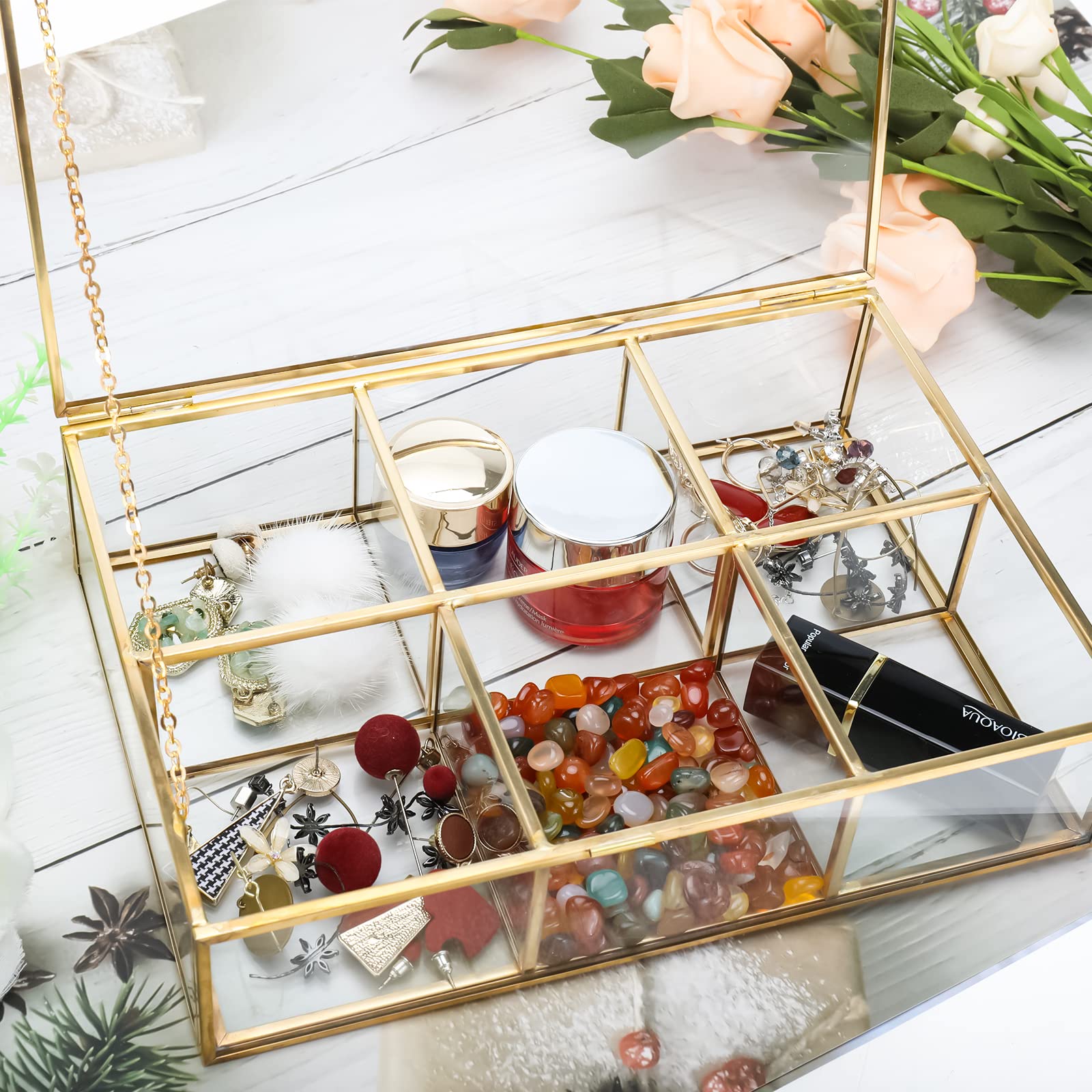 Premium Glass Tea Bag Organizer with Lid - 6 Compartment Clear Storage Box for Tea Bags, Coffee & Sugar Packets - Countertop Display Case for Kitchen, Office or Gift Use