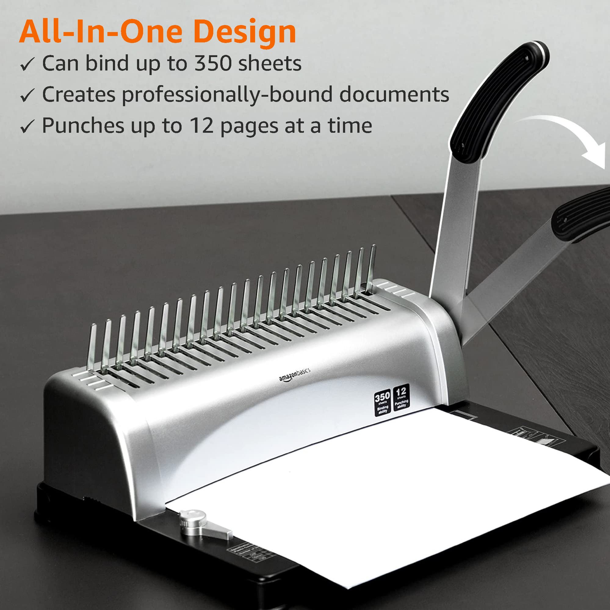 Amazon Basics Comb Binding Machine - 21-Hole, Grey, for Office, School, and Home Document Binding | Perfect for Reports, Presentations, and Booklets