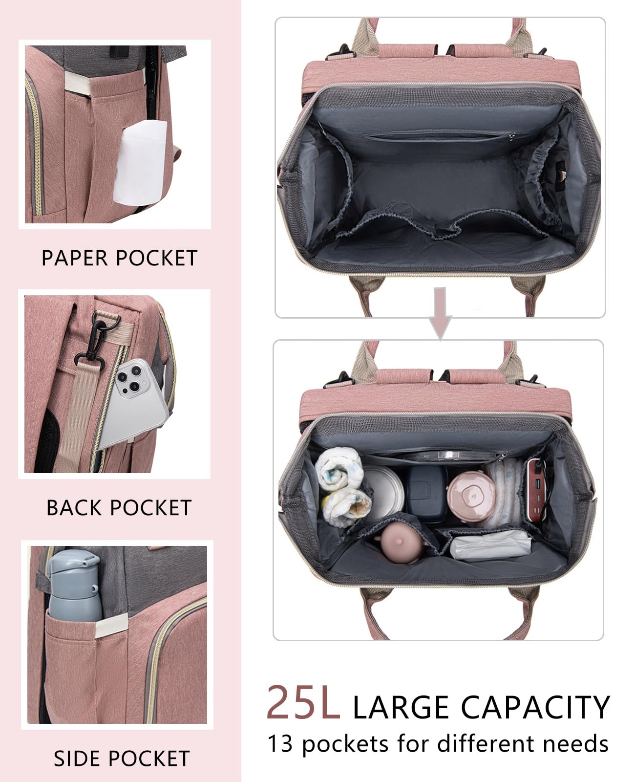 **Stylish Pink Diaper Backpack with Changing Station - Large Travel Baby Bag for Girls, Boys & Moms | Waterproof, Spacious & Organized | Perfect for Daycare, Travel & On-the-Go Parenting**