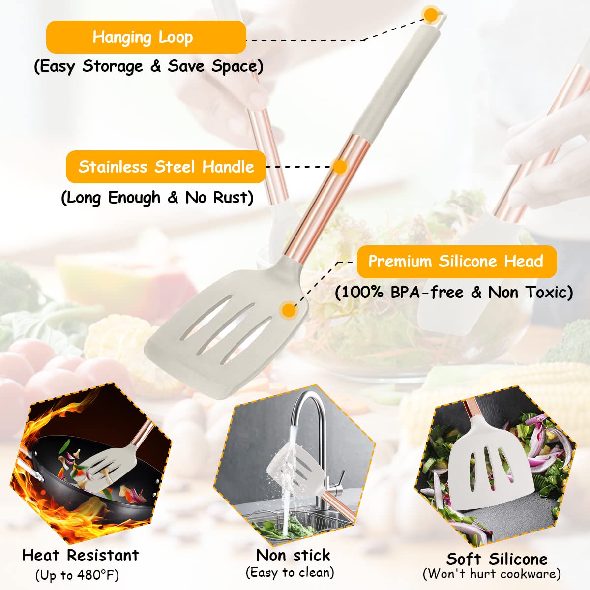14-Piece Silicone Cooking Utensil Set - Non-Stick, Heat Resistant Kitchen Tools with Copper Stainless Steel Handles (Turner, Tongs, Spatula, Spoon) - BPA Free & Non-Toxic - Perfect for Baking, Frying & Everyday Cooking