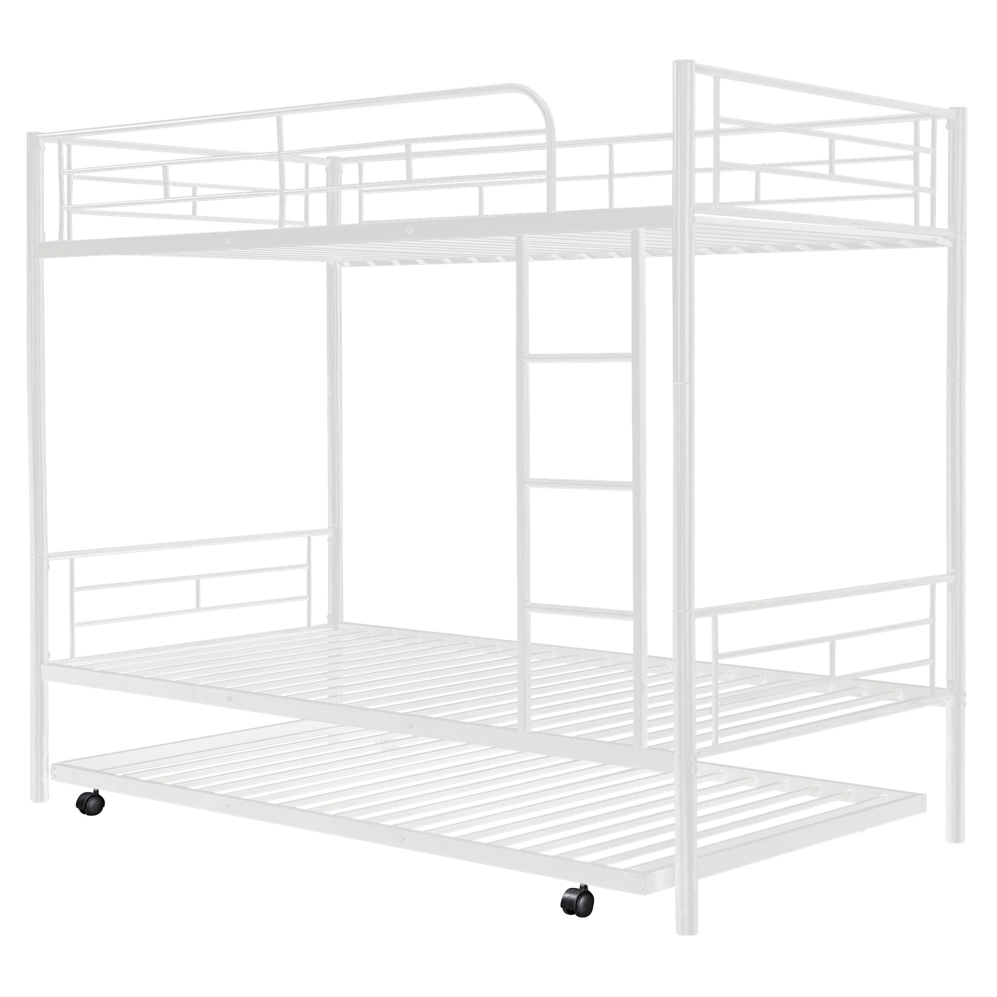 P PURLOVE Twin Over Twin Metal Bunk Bed with Trundle - Convertible to 2 Separate Beds - Sturdy Frame with Ladder - No Box Spring Required - White - Perfect for Kids' Bedroom, Guest Room & Space-Saving Solutions