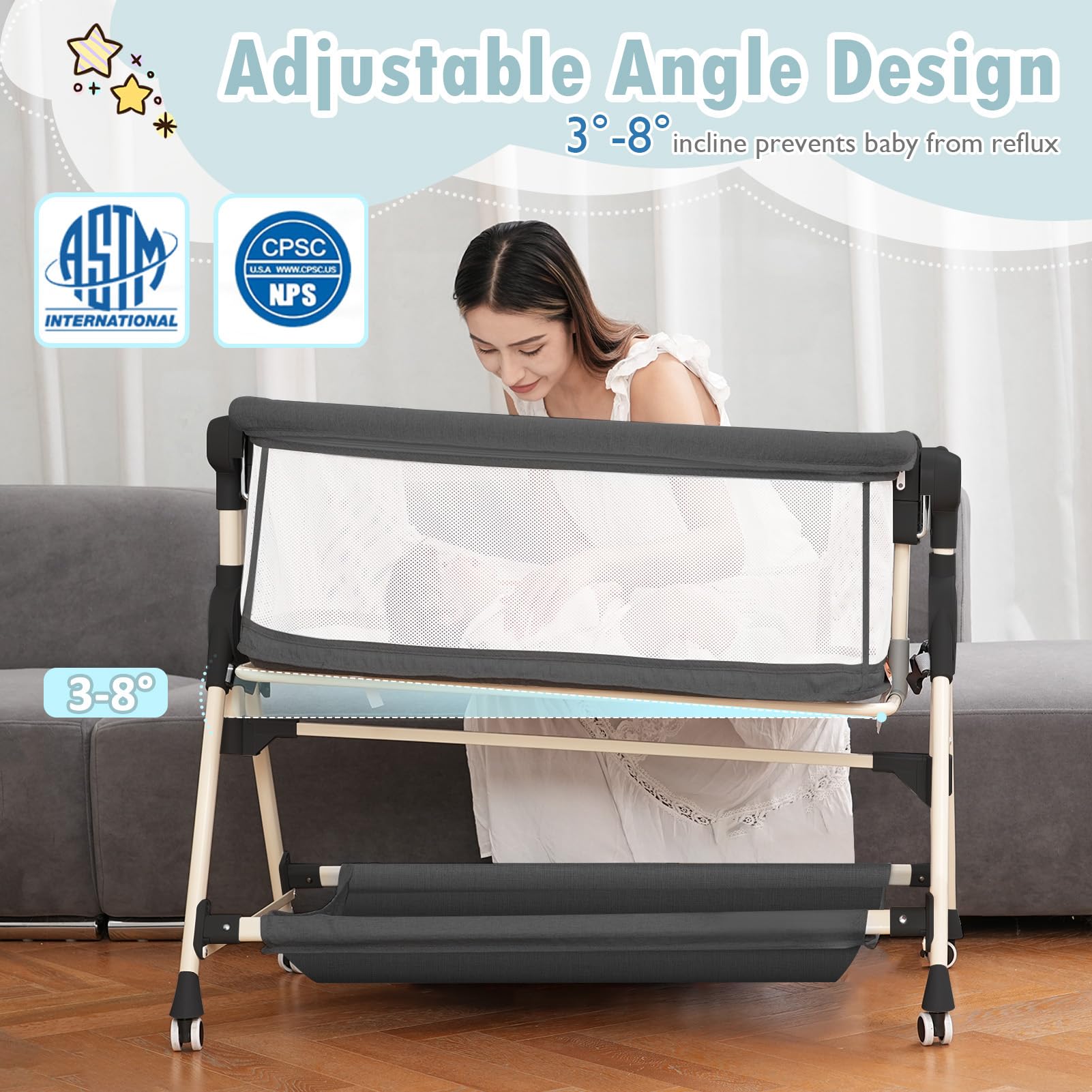**3-in-1 Adjustable Baby Bassinet with Musical Toys, Storage Basket & Wheels – Portable Rocking Crib for Newborns – Bedside Sleeper for Nursery & Travel (Black)**    *(Perfect for Co-Sleeping, Nighttime Feeding & On-the-Go Parents)*
