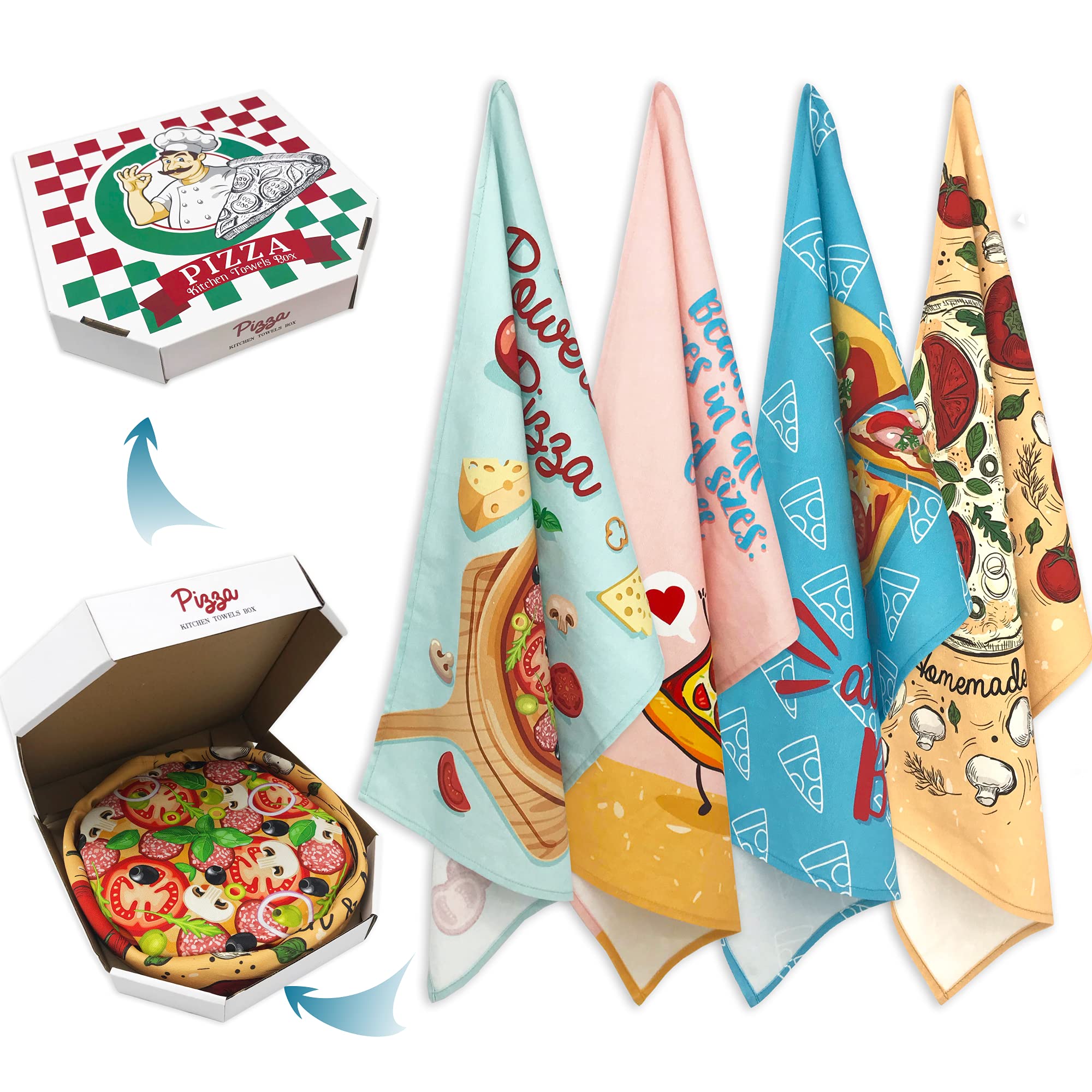 Eleville Funny Pizza Theme Kitchen Towels Set of 4 - Absorbent Dish Cloths & Decorative Hand Towels for Kitchen - Perfect Housewarming Gift for Mom & Friends - Ideal for Cooking, Baking & Holiday Decor (KTN006)