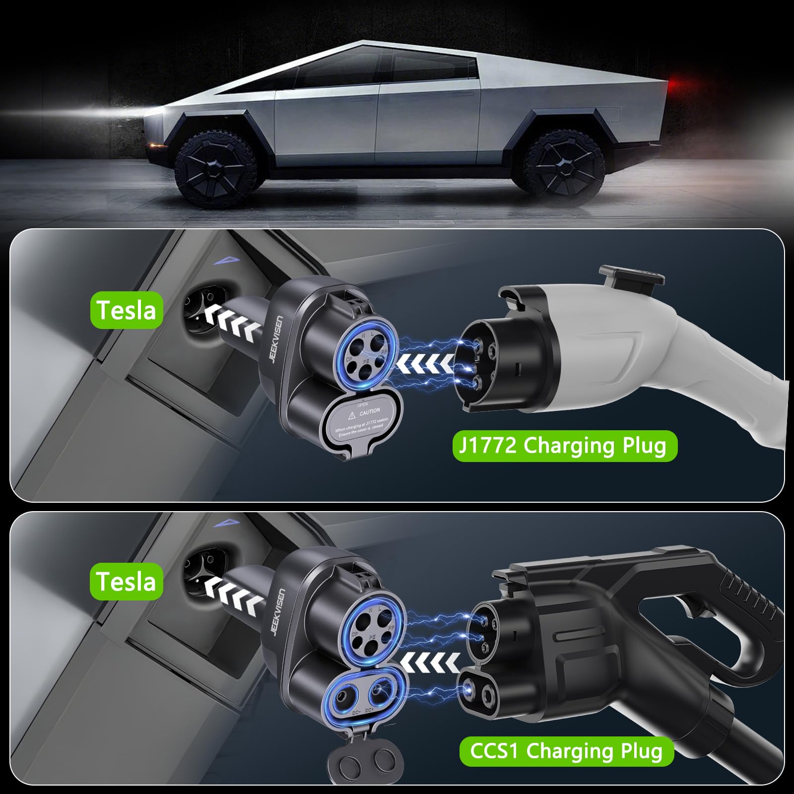 Cybertruck 2-in-1 CCS & J1772 to Tesla (NACS) Adapter - 250KW Fast Charging for Tesla Model 3/Y/S/X/Cybertruck - Compatible with CCS1 DC Superchargers & J1772 AC Stations - Supports Level 1/2/3 Chargers - Perfect for Road Trips & Public Charging Stations