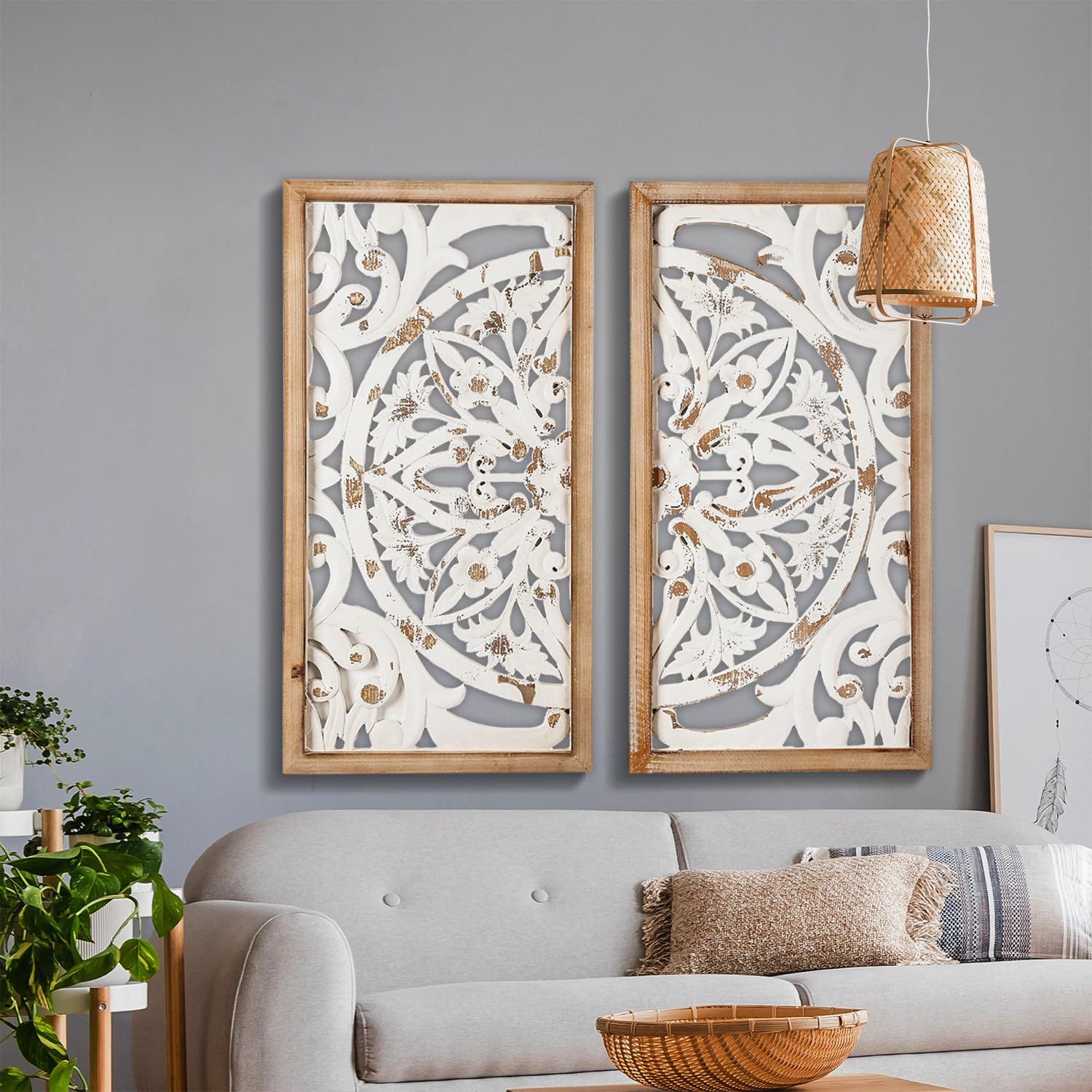 XIAOAIKA 31.5 Inch Hand Carved Wood Wall Art - Antique Distressed White Wood Panels Decor, Elegant Wall Sculpture Hanging Décor for Living Room, Bedroom & Office (Set of 2 Panels)