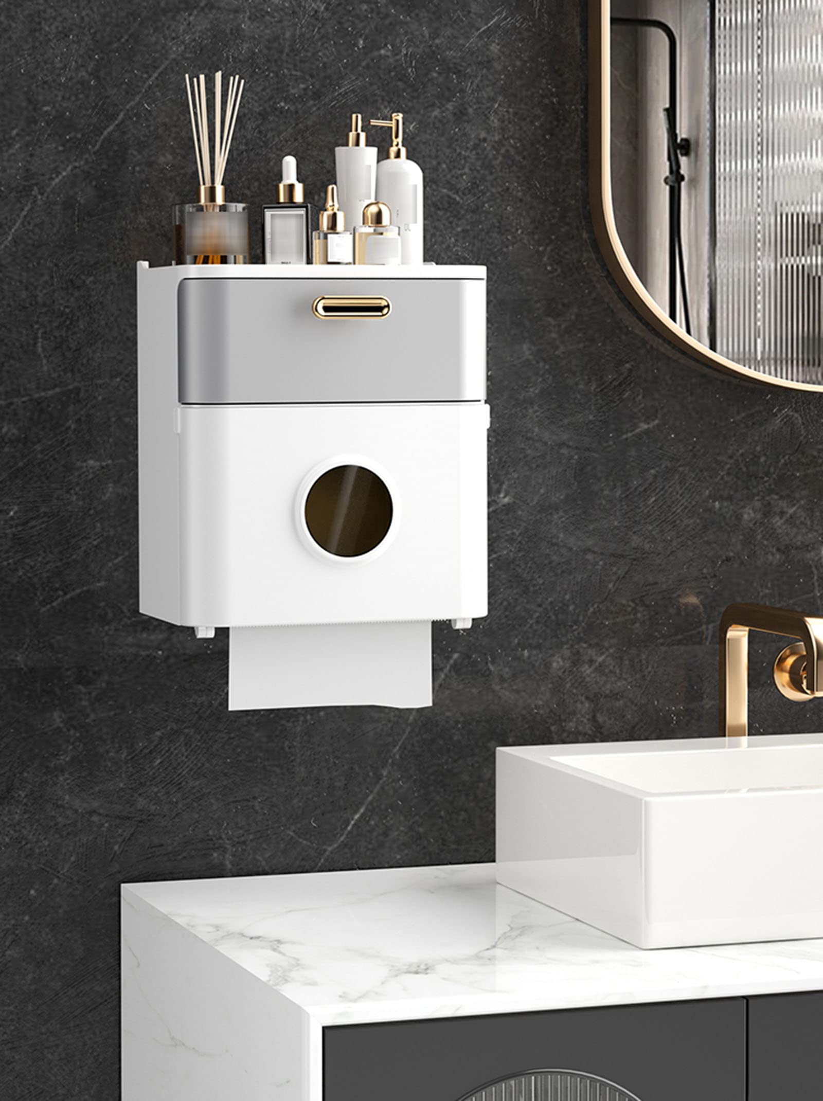Wall Mounted Adhesive Toilet Paper Roll Holder with Storage Drawer - Bathroom Tissue Dispenser & Organizer for Kitchen, Living Room, RV - Space Saving Shower & Facial Tissue Storage Solution