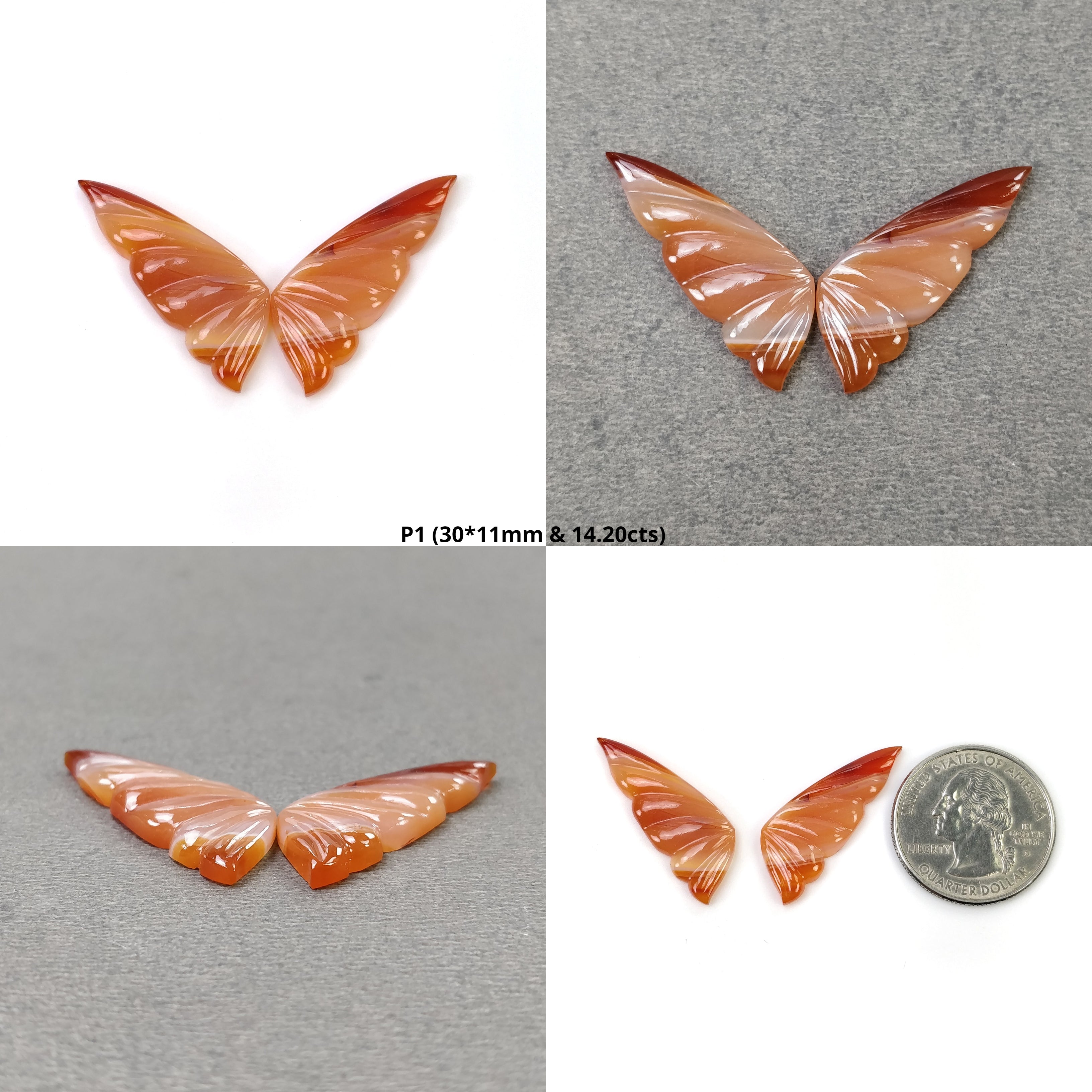 Natural Untreated Botswana Striped Agate Gemstone Hand Carved Butterfly - Bi-Color Agate Jewelry (28x12mm & 33x13mm Pair) for Jewelry Making, Collection & Spiritual Healing