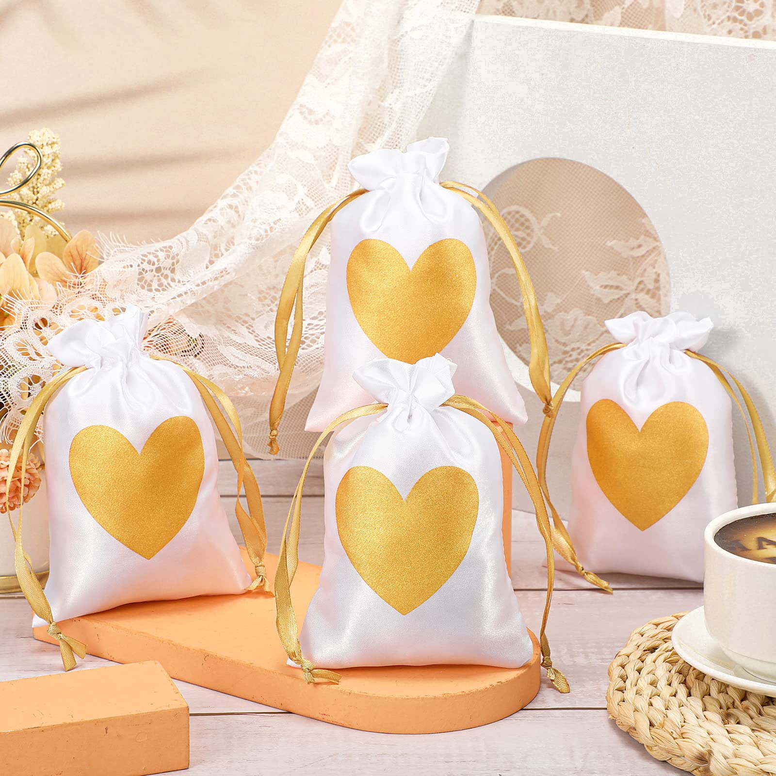 50 Pcs White Satin Gift Bags with Gold Heart Print - 4x6 Inch Drawstring Jewelry Pouches for Wedding Favors, Bridal Shower, Baby Shower, Birthday Party Gifts & Special Occasions - Perfect for Jewelry, Candies, Small Treasures and Party Favors