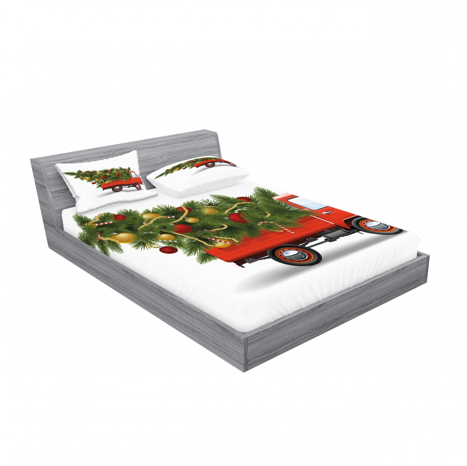 Ambesonne Christmas 2-Pack Queen Size Fitted Sheet & Pillow Sham Set - Holiday Truck & Tree Design - 4-Piece Bedding Decor (2 Fitted Sheets + 4 Pillow Covers) - Red White Green Xmas Theme - Perfect for Festive Bedroom Decorations & Holiday Guest Rooms