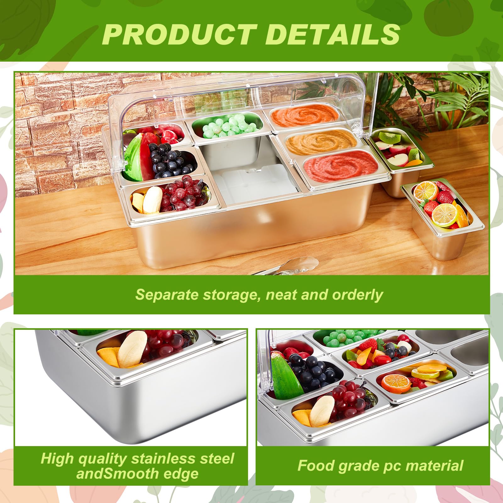 Stainless Steel 9-Compartment Countertop Ice Food Serving Display Container with Lid & Clamps - Condiment Dispenser Tray with Spoons for Restaurant Kitchen, Buffet, Party & Catering Events