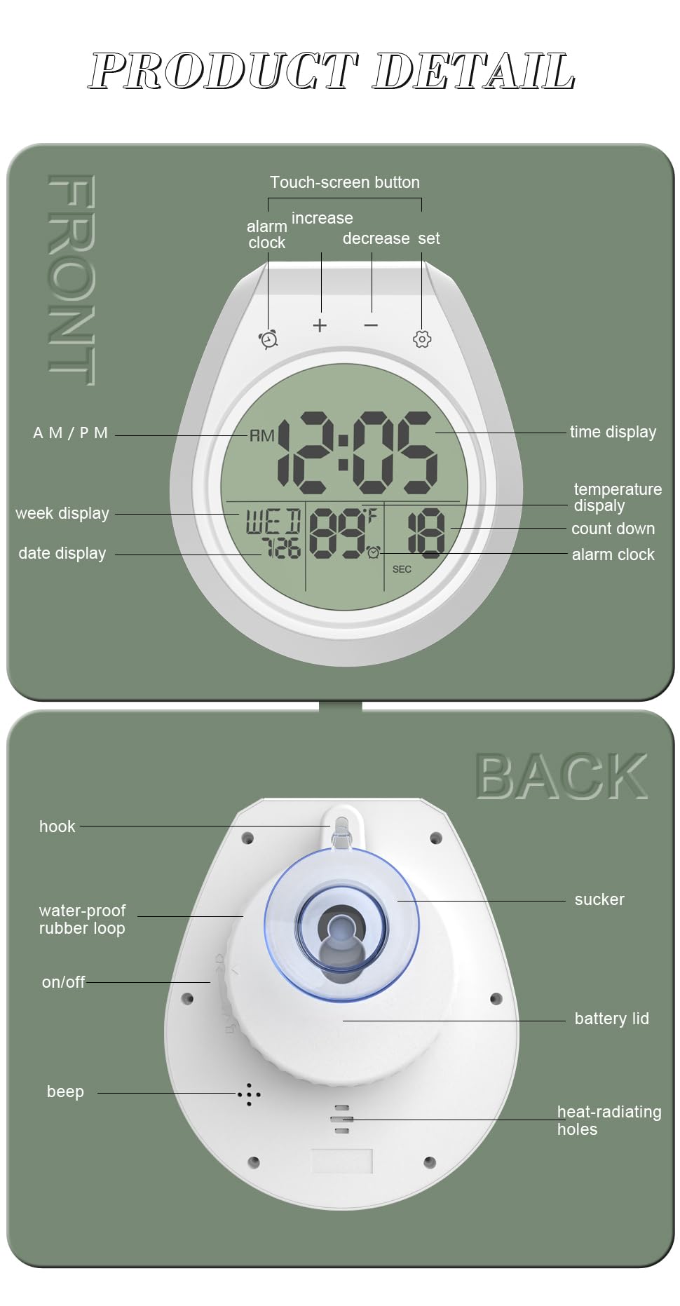 Waterproof Digital Shower Clock with Temperature Display - Large LCD Screen, Touch Buttons, Suction Cup & Adhesive Hanger - Perfect for Bathroom, Kitchen & Gym - Countdown Timer & Easy Setting - White
