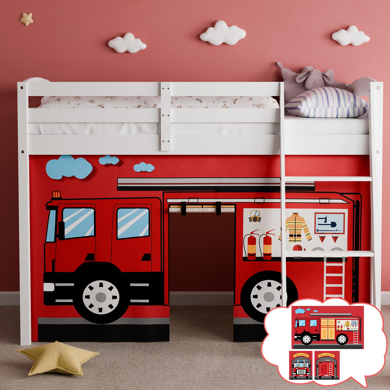 Fire Truck Bunk Bed Curtains - Premium Customizable Cartoon Loft Bed Curtains for Kids (3PCS, Twin Size) | Enhance Imagination & Room Decor | Perfect for Themed Bedrooms, Playrooms & Kids' Sleepovers