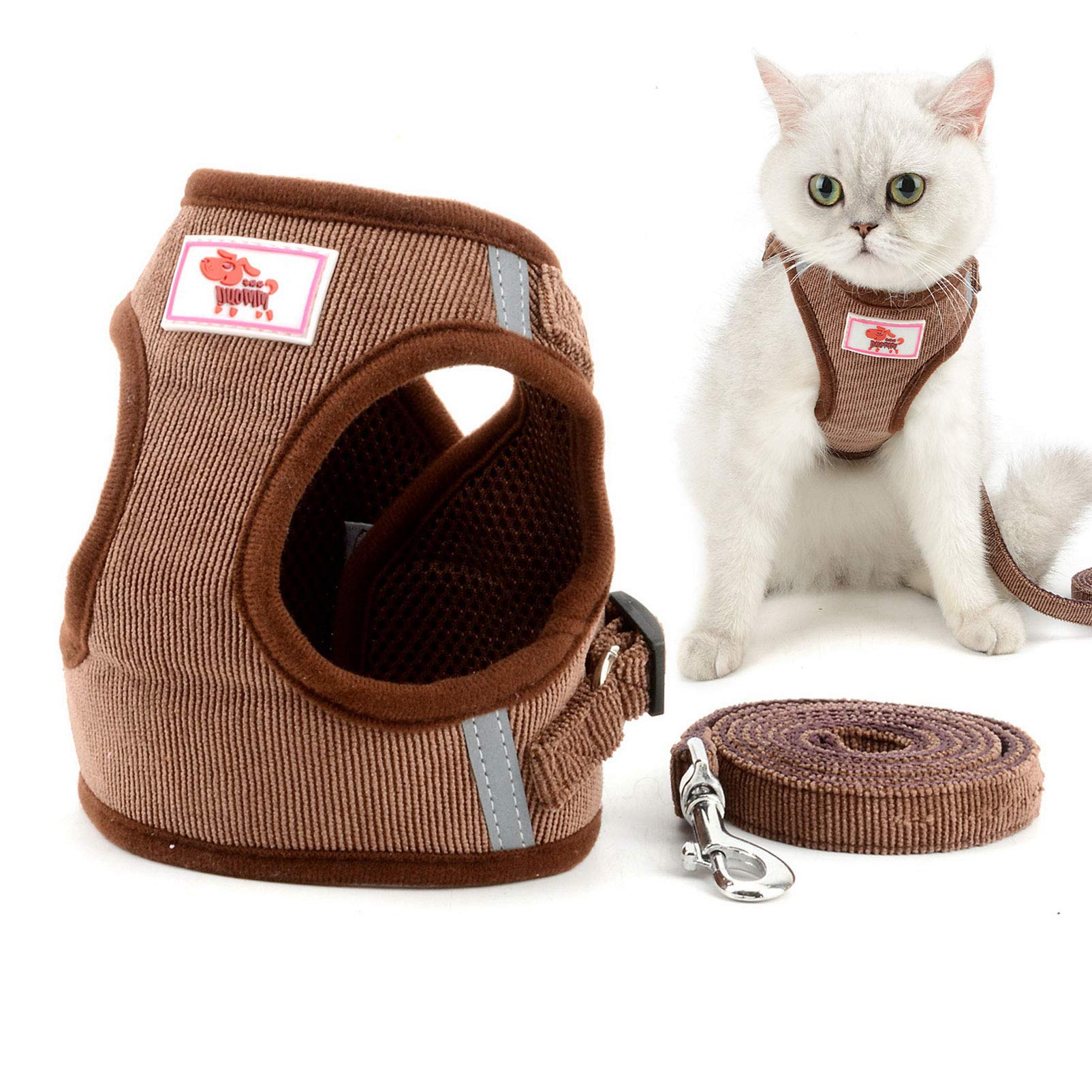 Escape-Proof Corduroy Reflective Cat Harness with Leash - Soft Mesh Padded, Adjustable No-Pull Vest for Safe Walking | Small/Medium Size for Puppies & Kittens | Perfect for Night Walks & Outdoor Adventures (Brown)