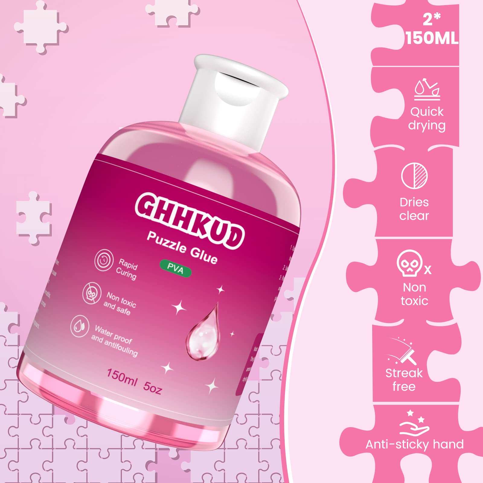 Premium 300ML Clear Jigsaw Puzzle Glue with Applicator Brushes - Non-Toxic Adhesive for Wood & Paper Puzzles (Pink) | Perfect for Preserving 1000+ Piece Puzzles, DIY Craft Projects & Family Game Nights