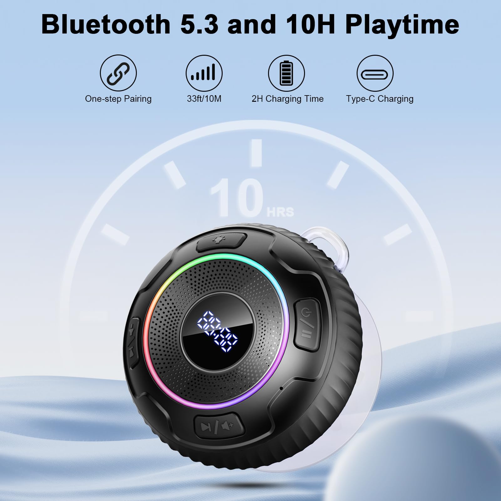 2024 Bluetooth Shower Speaker with LED Lights - IPX7 Waterproof Wireless Speaker, Bluetooth 5.3 Portable Speaker with 360° HD Sound, Suction Cup & Hands-Free Mic - Perfect for Bathroom, Pool, Beach & Outdoor Activities