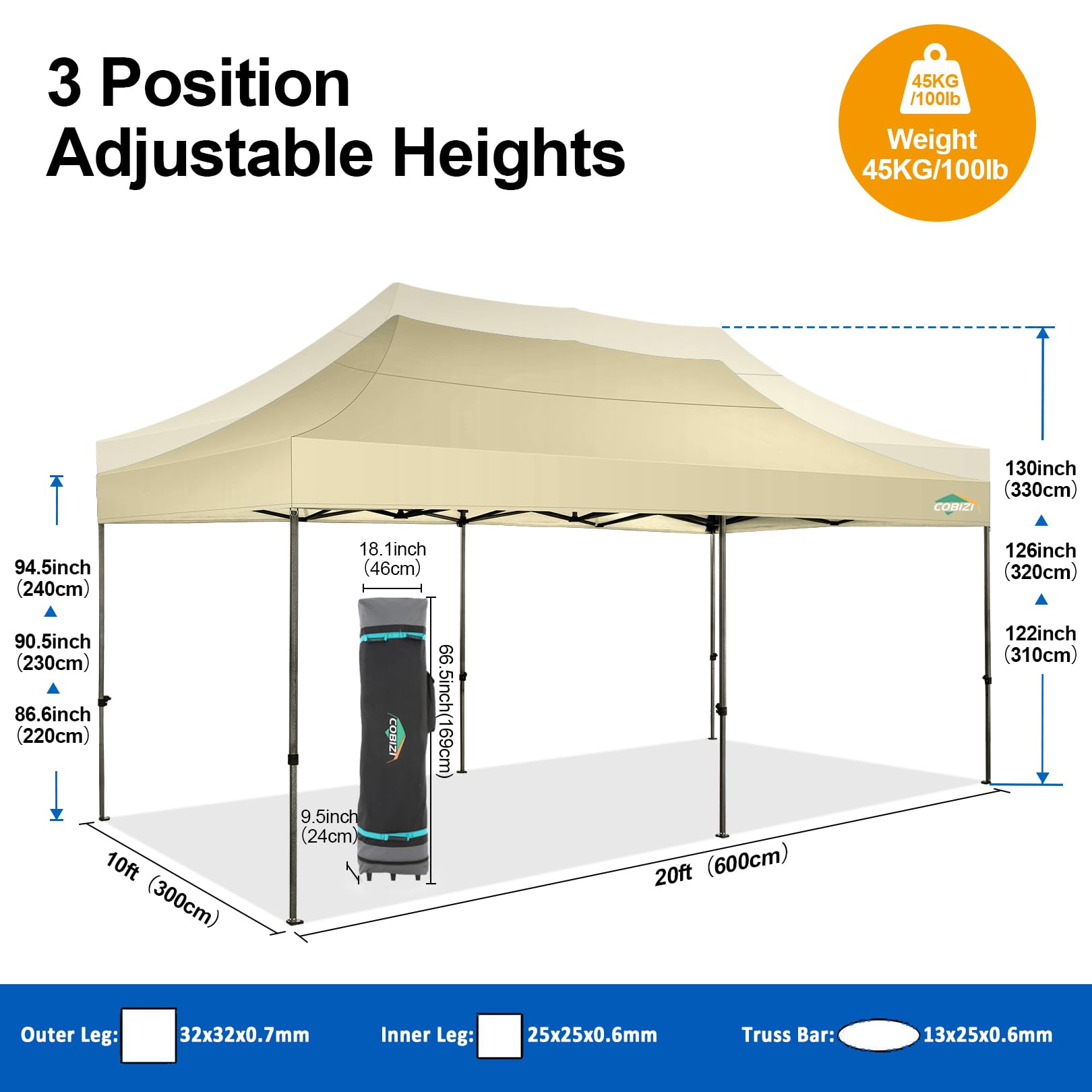 COBIZI 10x20ft Heavy Duty Commercial Pop Up Canopy Tent with 6 Waterproof Sidewalls - Portable Outdoor Gazebo for Parties, Events & Markets - Includes Wheeled Carry Bag (Khaki)